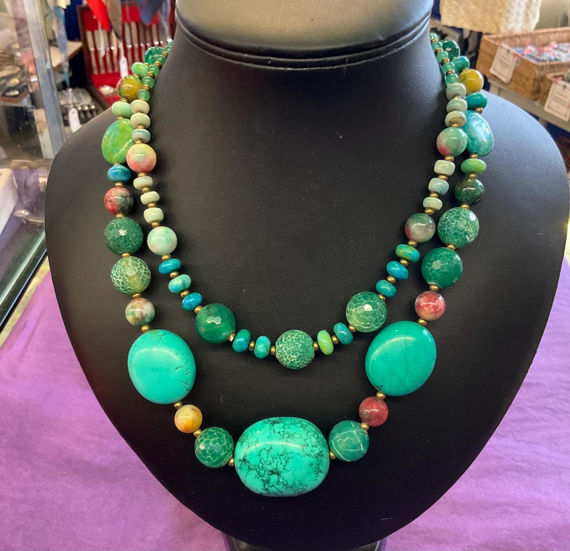 Vintage Butler And Wilson Statement Turquoise And Gemstone Necklace, Beads, Crystals And Agate, Signed In Original Box