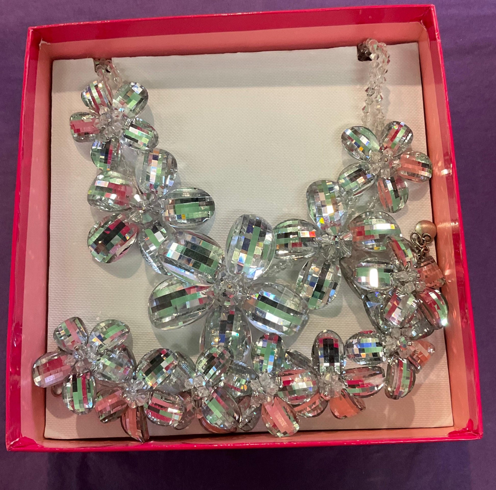 Vintage Butler And Wilson Statement Silver Crystal Floral Necklace And Bracelet Set, Wedding, Floral Event, Signed In Original Box