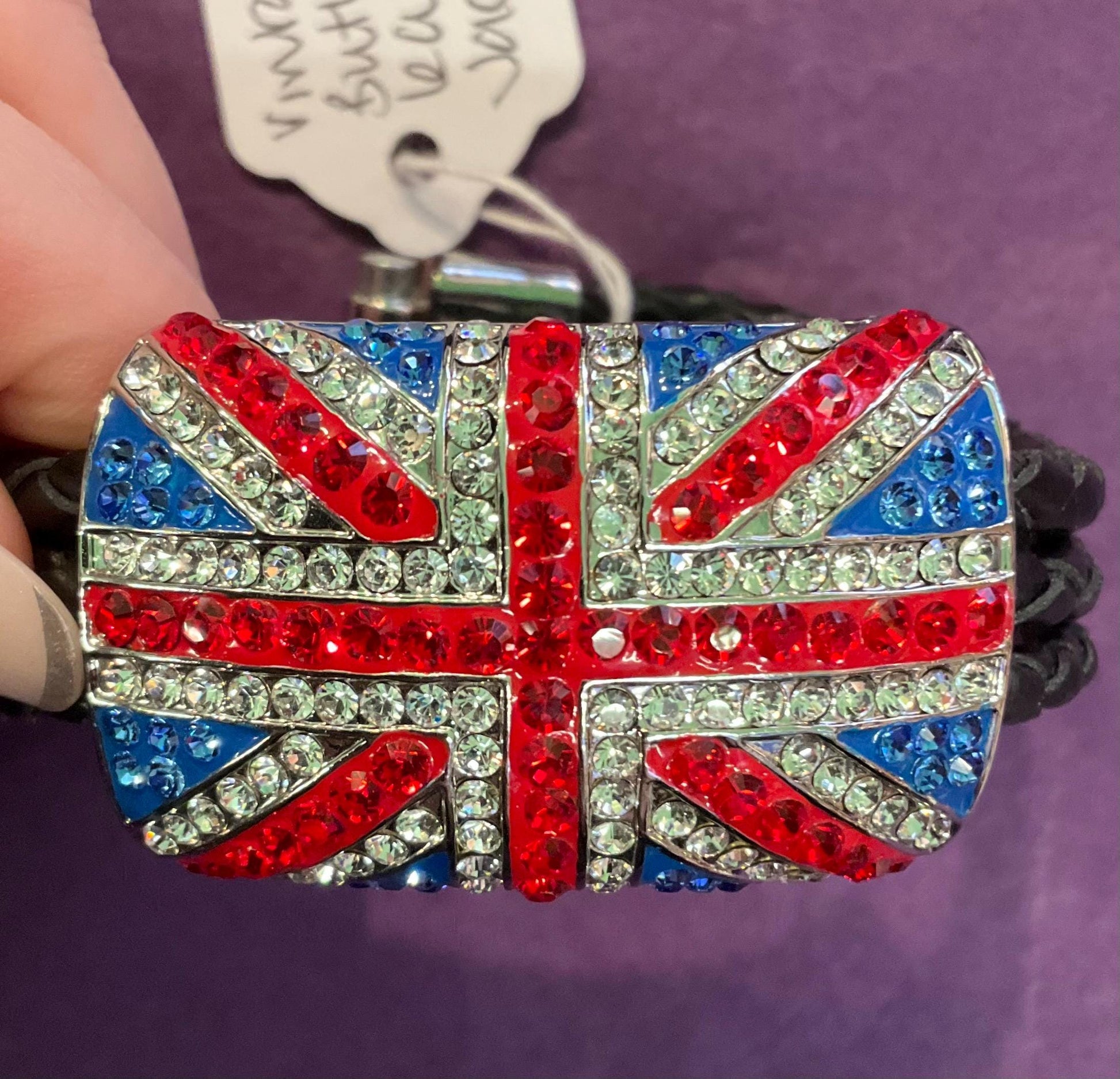 Vintage Butler And Wilson Statement Crystal Union Jack Leather Bracelet, Black Leather With Silver, Red, Blue Rhinestones, Signed as new