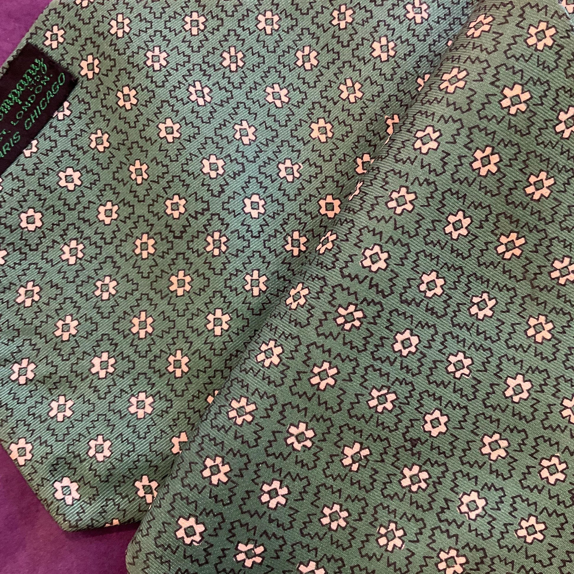 Vintage Gents Pure Silk Paisley Cravat, Green and Cream by A Sulka & Company, New Bond Street, London, Vintage Man
