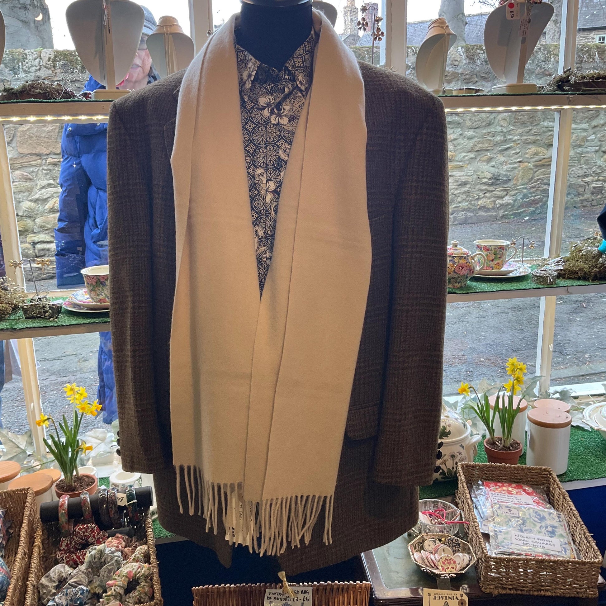 Vintage Pure Cashmere Cream Fringed Scarf by Osprey of London, Vintage Man, Fathers Day Gift.