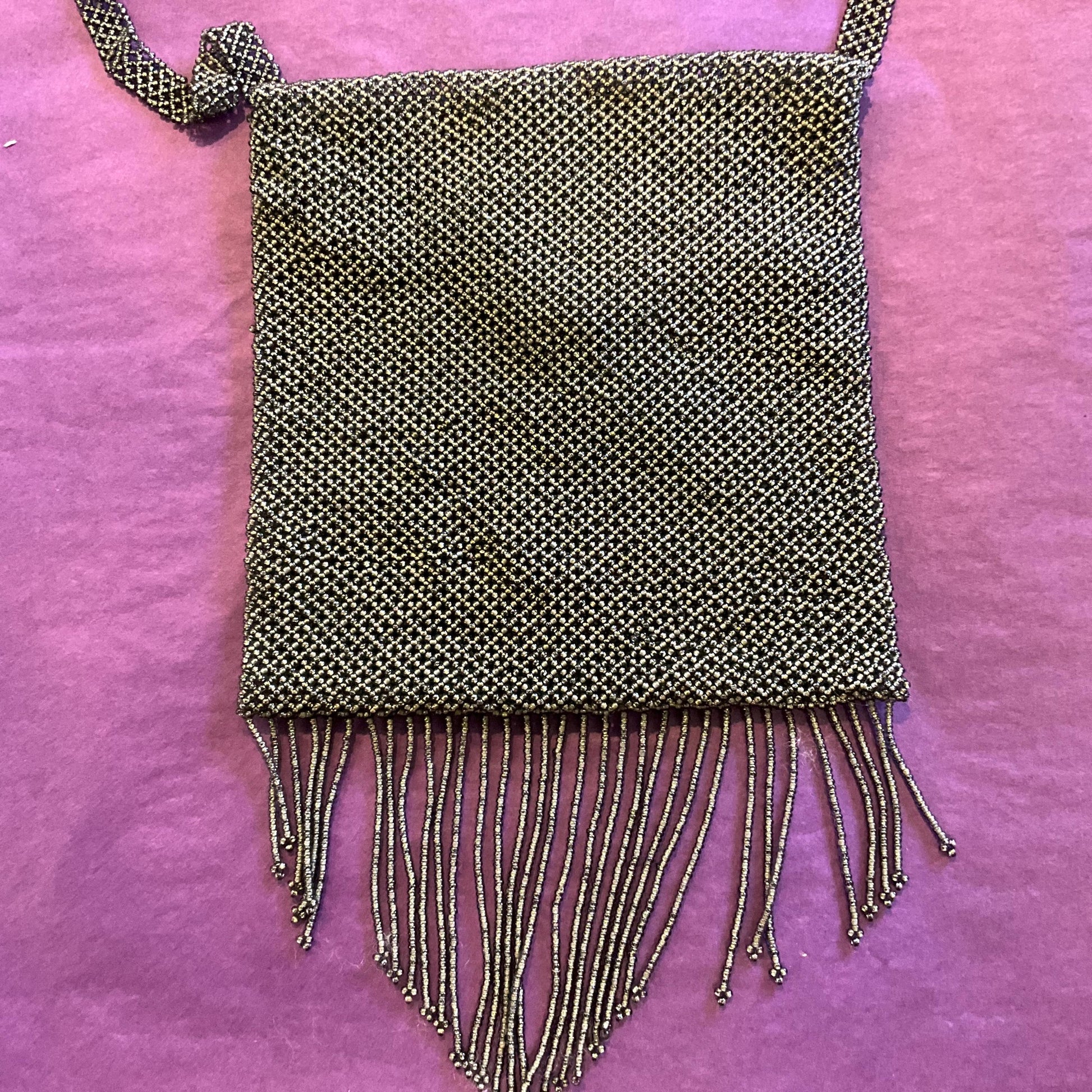 Antique Art Deco Micro Beaded Fringed Evening Bag, pewter tone glass beads, Shoulder strap, Formal Event