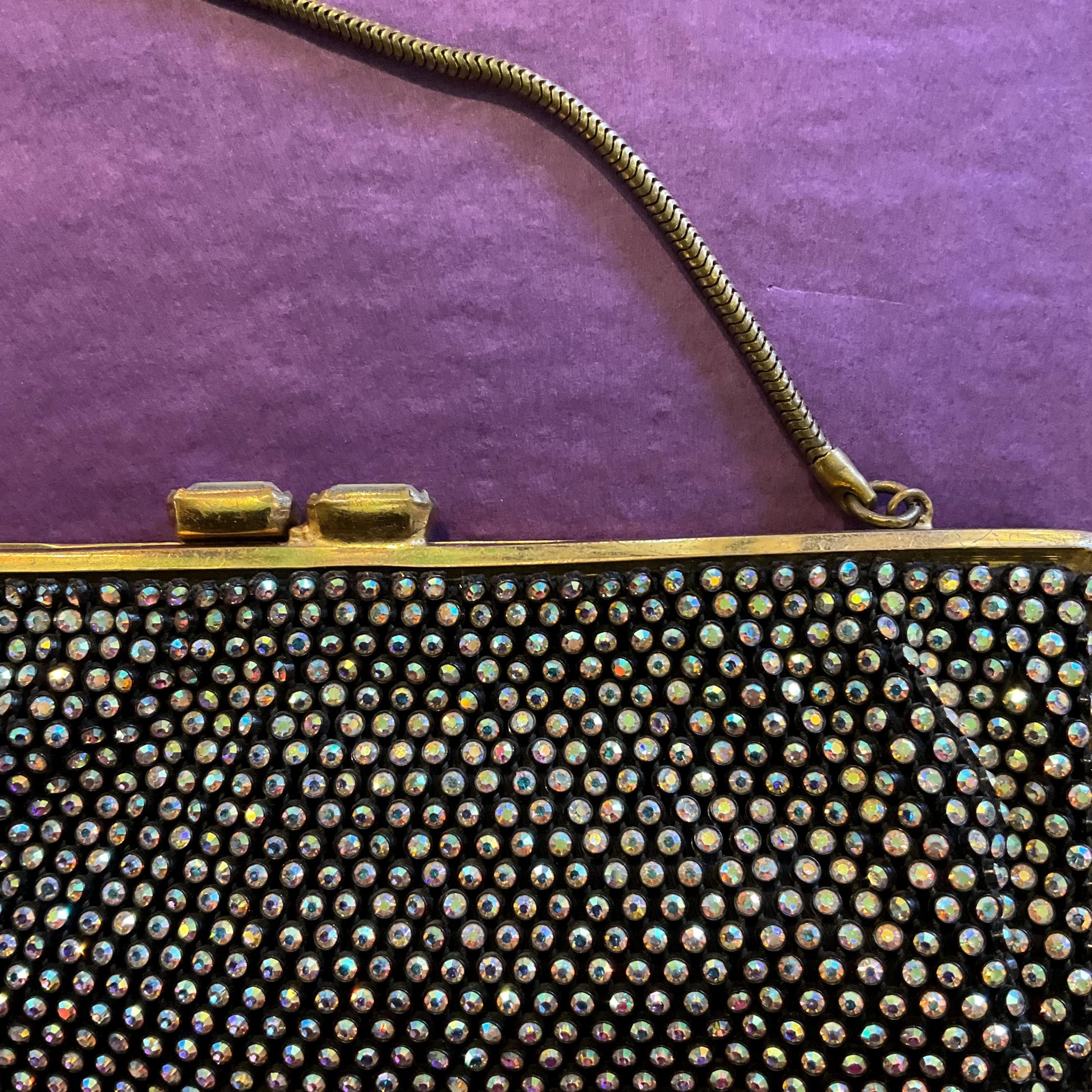 Vintage 1940s/50s Aurora Crystal Black Evening Bag, Rainbow Colours, Crystal Clasp , Prom, Wedding , Formal Event
