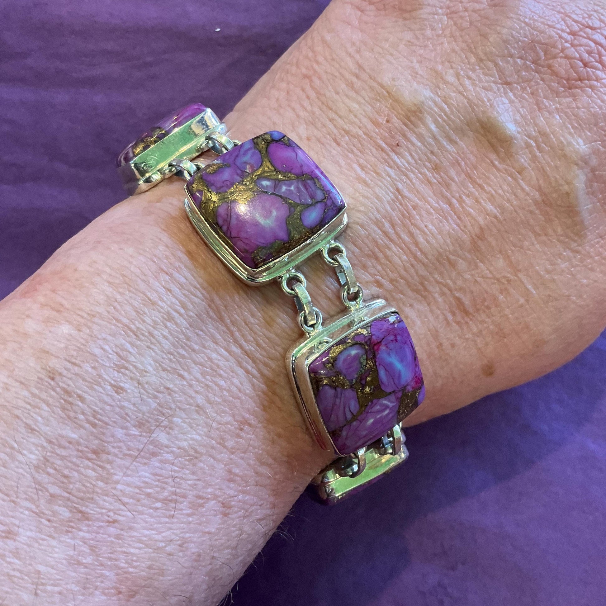 Vintage Purple Mojave Copper Turquoise and Silver Statement Bracelet,Purple and Gold Gemstones , Artisan Jeweller Made