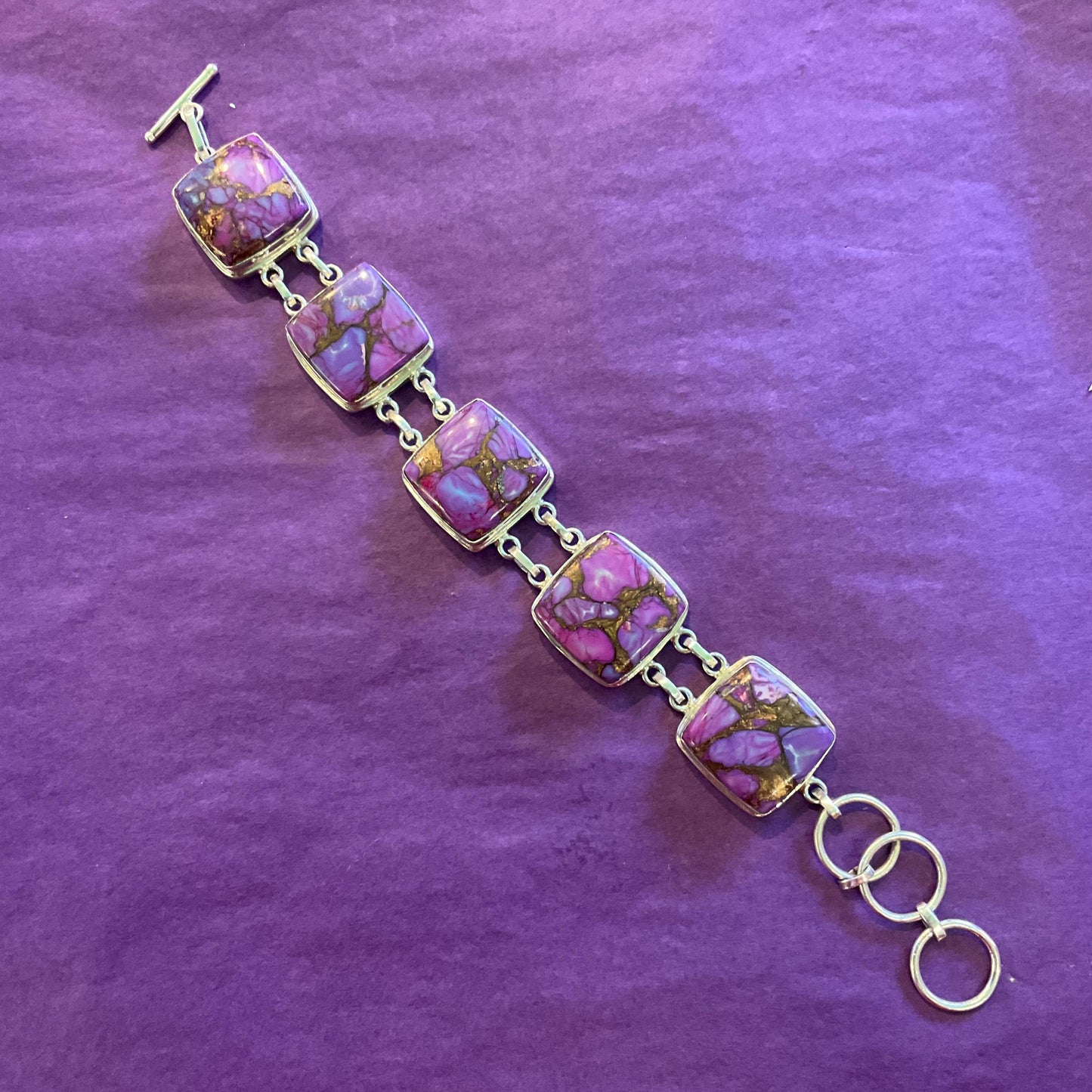 Vintage Purple Mojave Copper Turquoise and Silver Statement Bracelet,Purple and Gold Gemstones , Artisan Jeweller Made