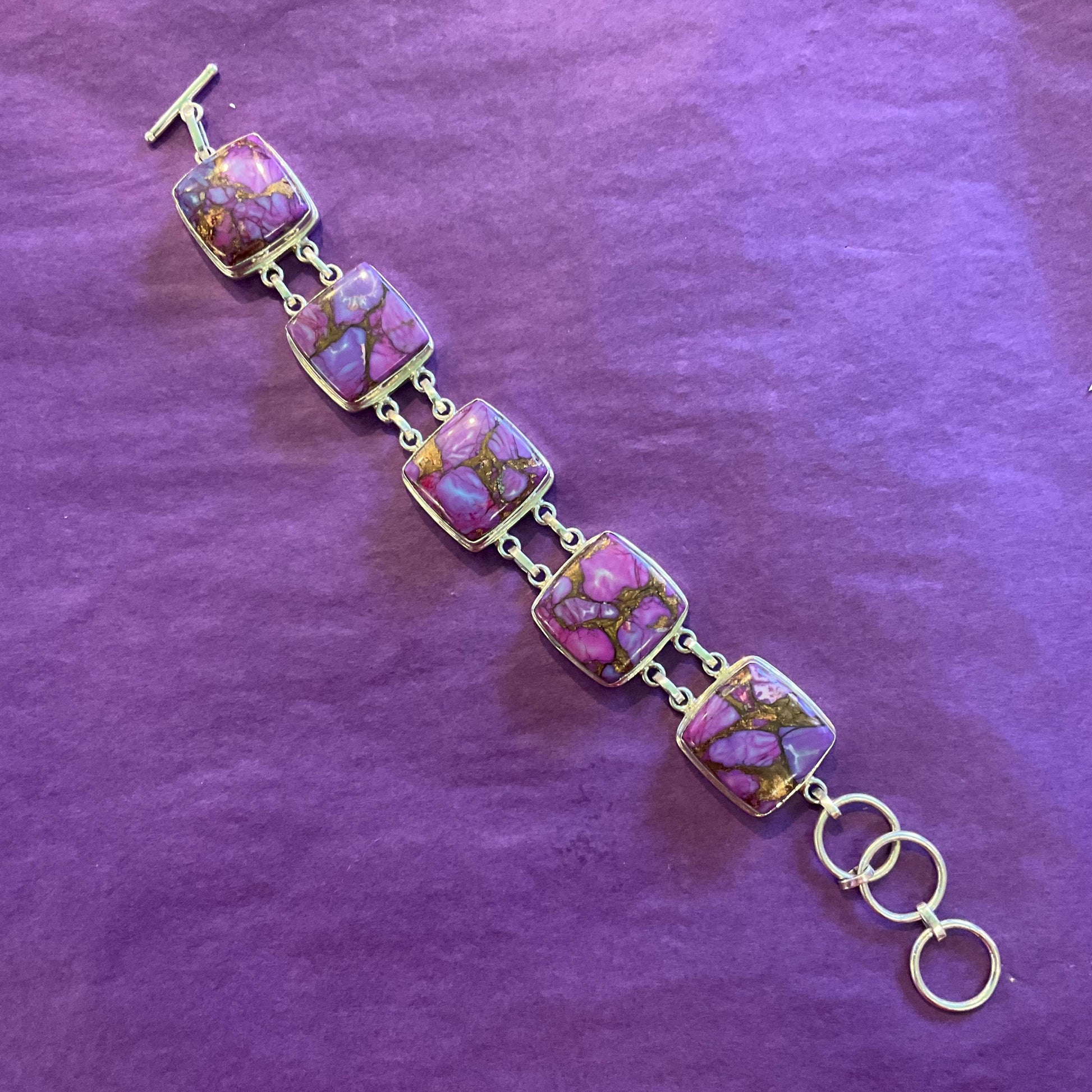 Vintage Purple Mojave Copper Turquoise and Silver Statement Bracelet,Purple and Gold Gemstones , Artisan Jeweller Made