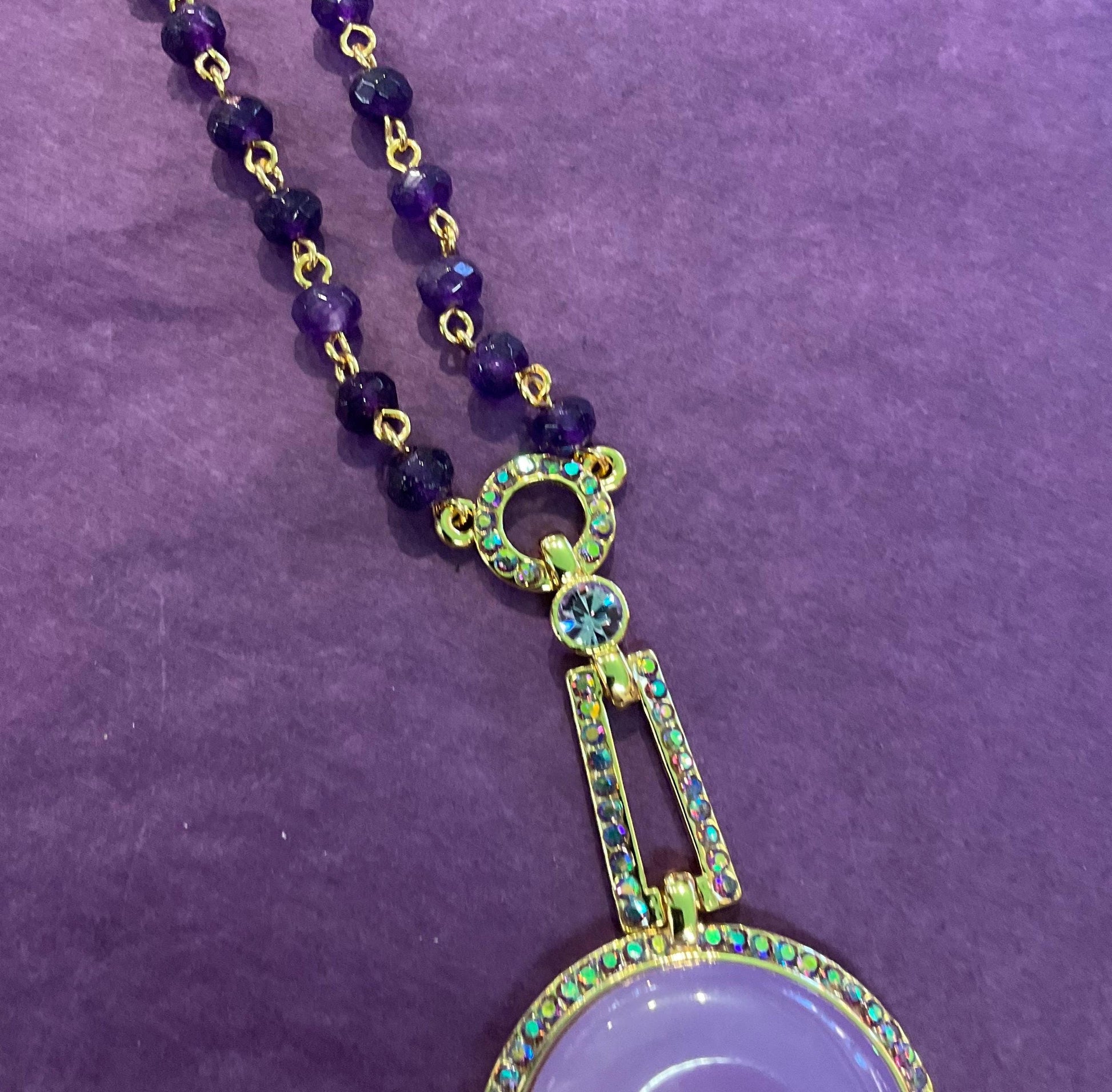 Vintage Butler and Wilson Art Deco Style Purple Crystal Donut Necklace, Purple and Borealis Rhinestones, Signed in Original Box.