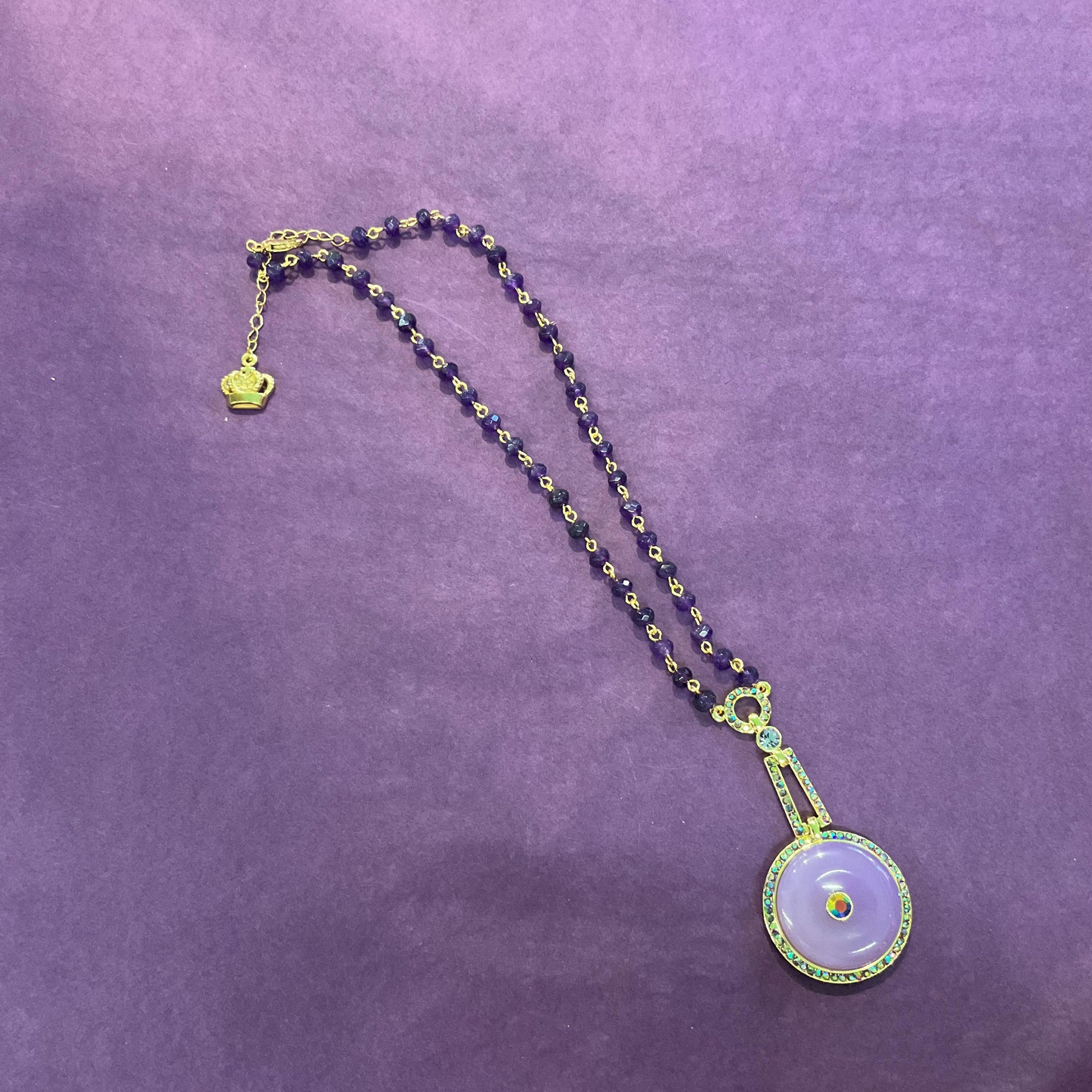 Vintage Butler and Wilson Art Deco Style Purple Crystal Donut Necklace, Purple and Borealis Rhinestones, Signed in Original Box.