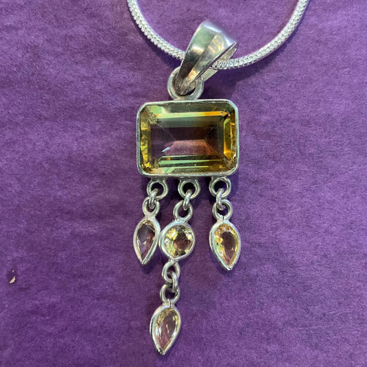 Vintage Silver 925 and Citrine Pendant Necklace, Vintage gemstones & New Silver Snake Chain, Artisan Jeweller Made, Sustainable Gift