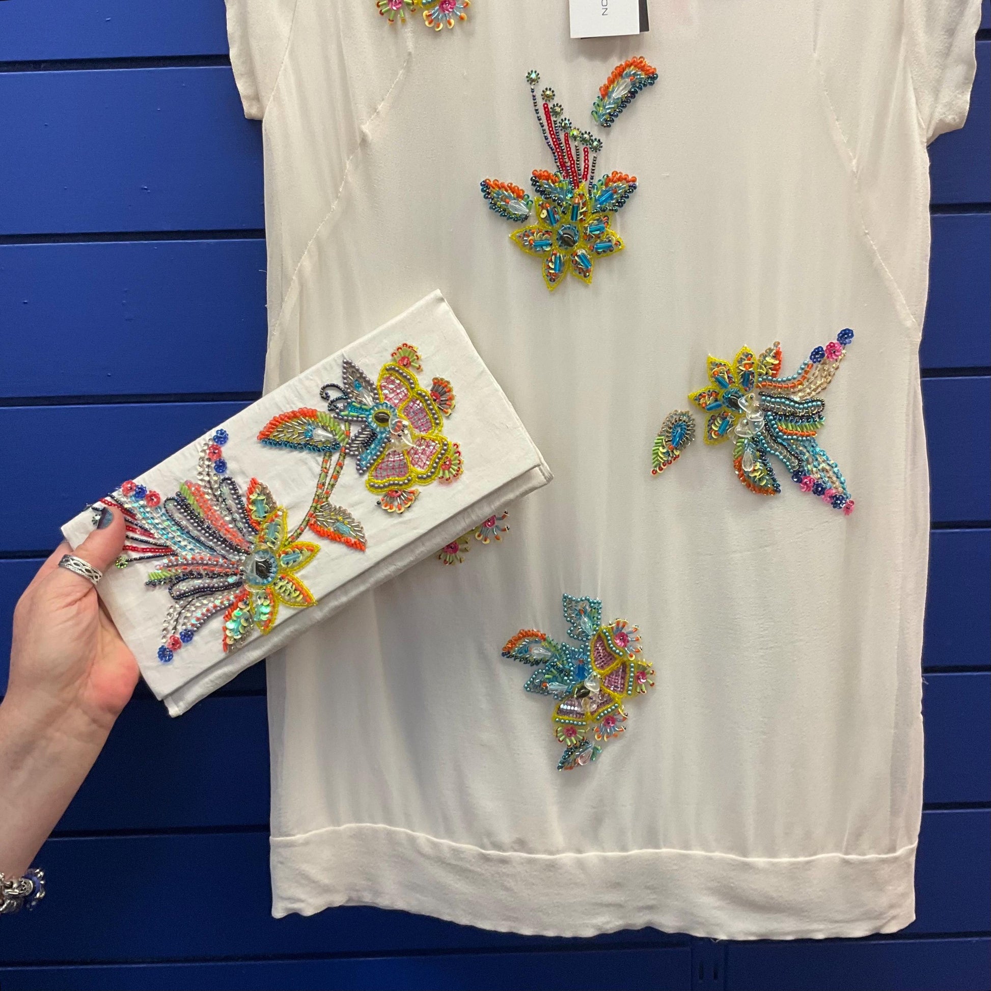 Vintage French Connection New with Tags Pure Silk Beaded shift Dress and Matching Clutch Bag, Ivory with Rainbow Floral Beads, Size 8/10