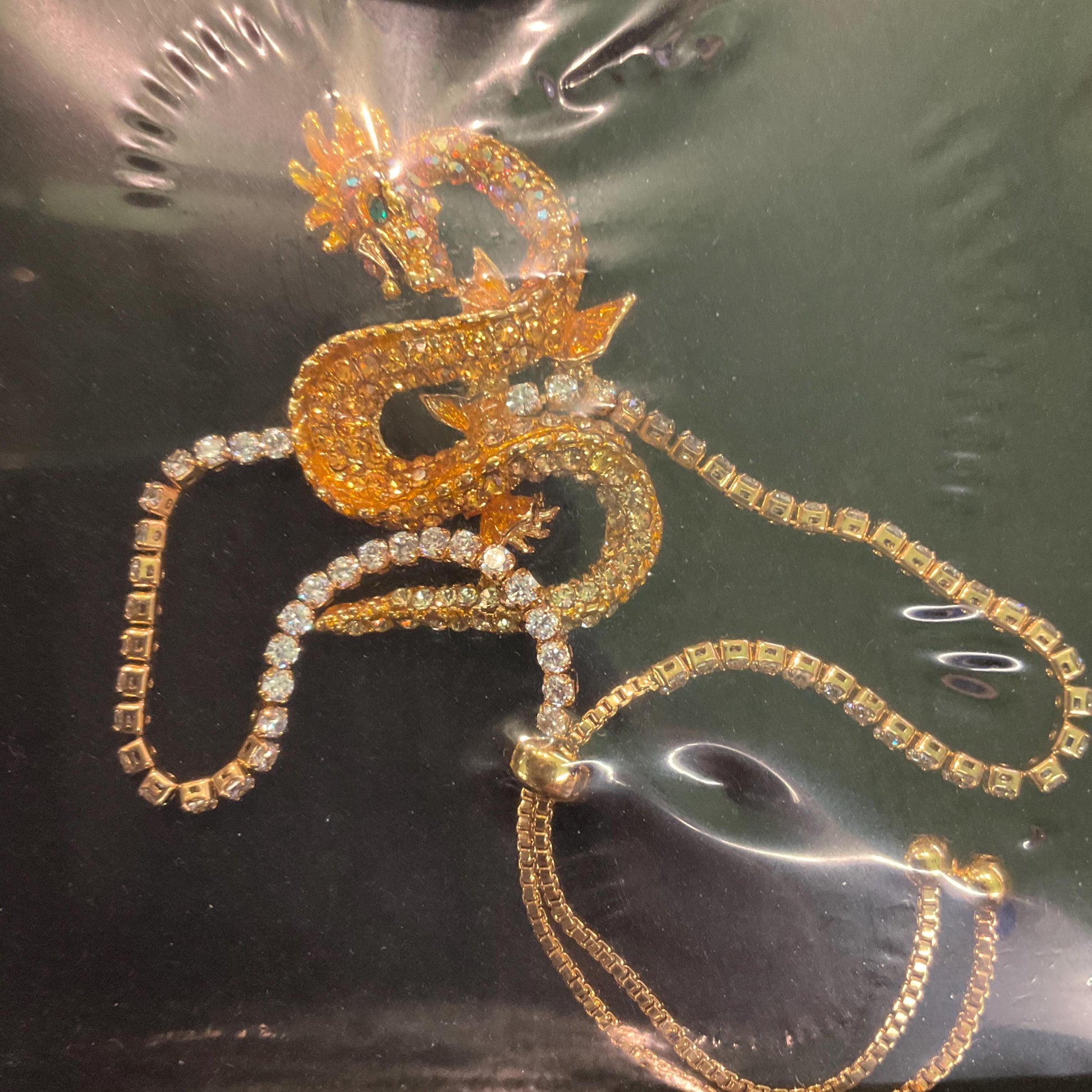 Vintage Butler and Wilson Unworn Gold Dragon Crystal Bracelet, Gold and Silver Borealis Rhinestones, Signed in Original Box