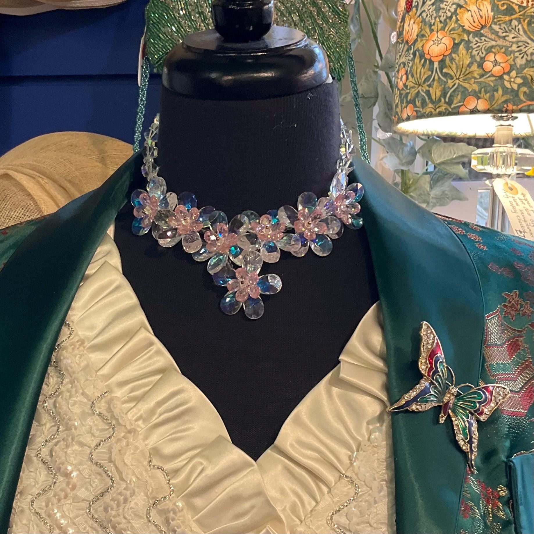 Vintage Butler And Wilson Crystal Floral Garland Beaded Necklace, Aurora Borealis And Pale Pink Crystal Flowers, Signed In Original Box