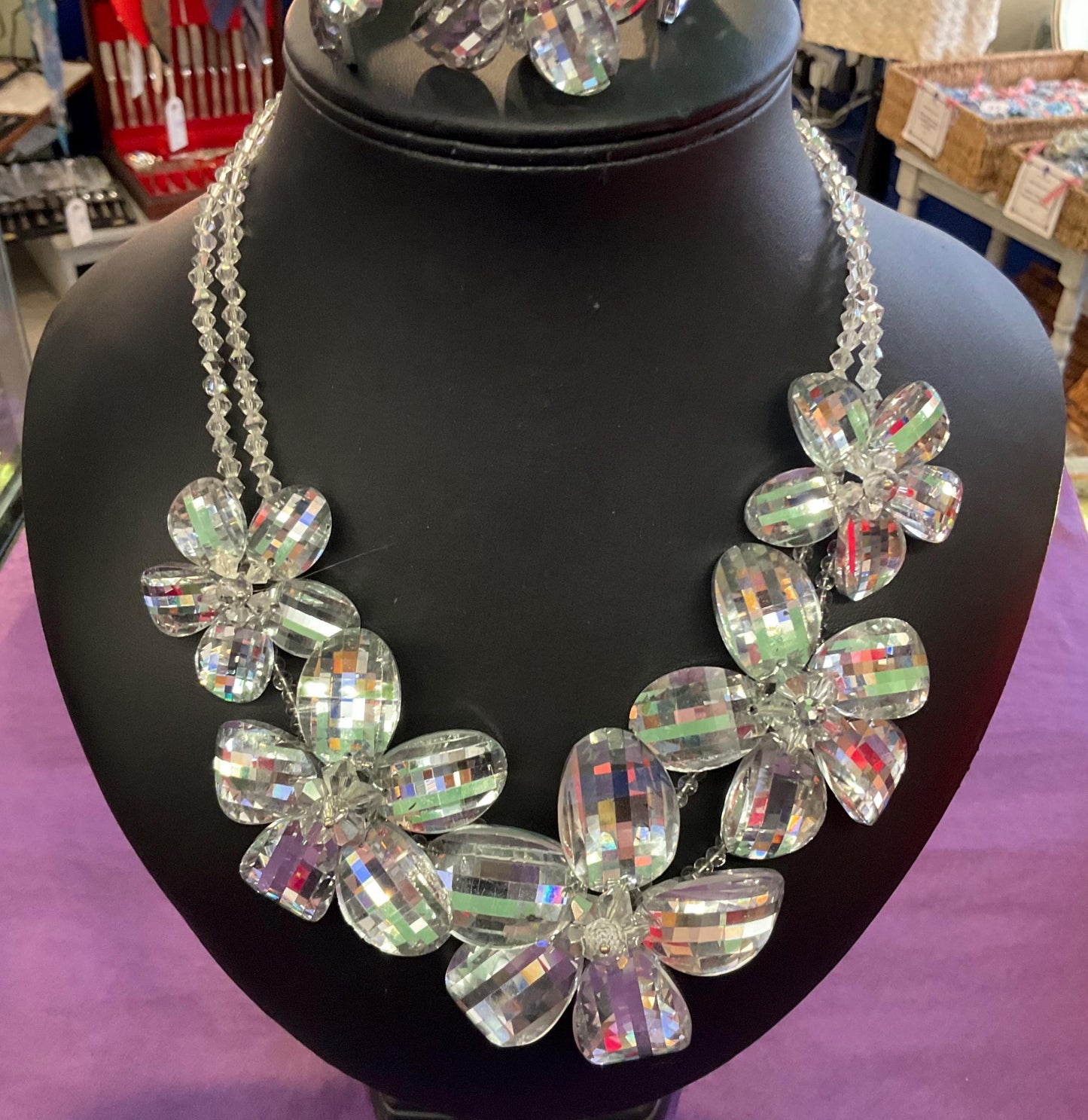 Vintage Butler And Wilson Statement Silver Crystal Floral Necklace And Bracelet Set, Wedding, Floral Event, Signed In Original Box