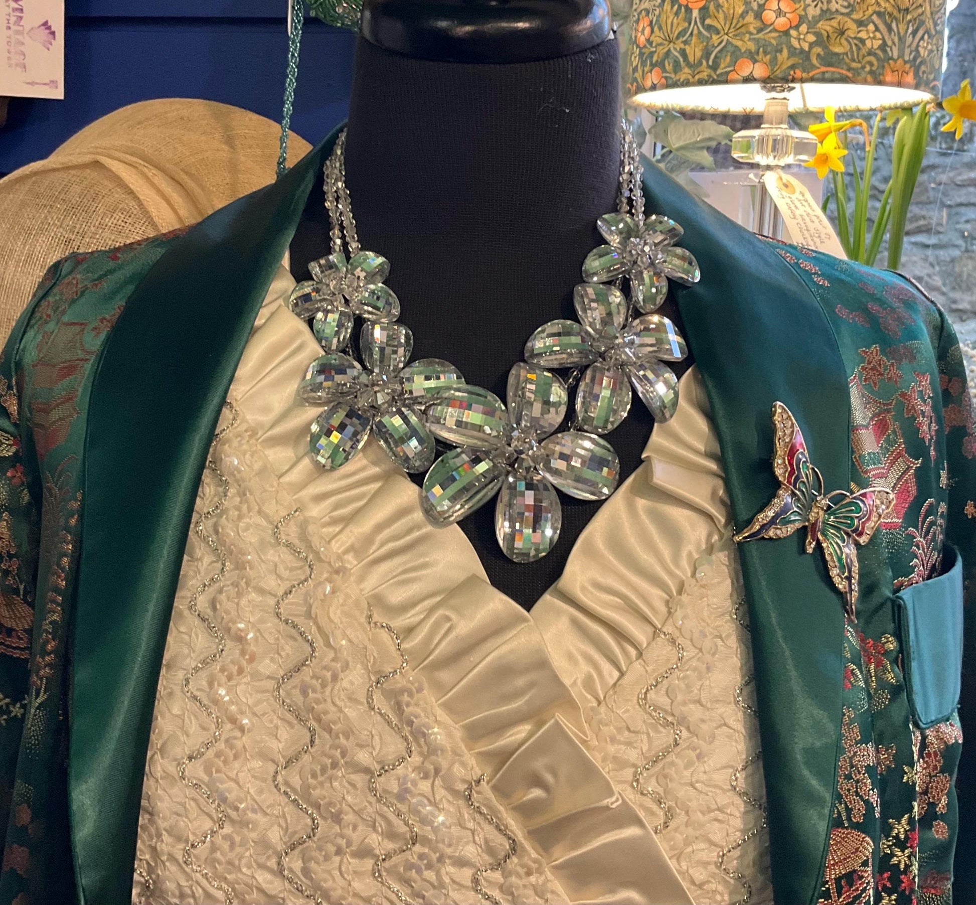 Vintage Butler And Wilson Statement Silver Crystal Floral Necklace And Bracelet Set, Wedding, Floral Event, Signed In Original Box