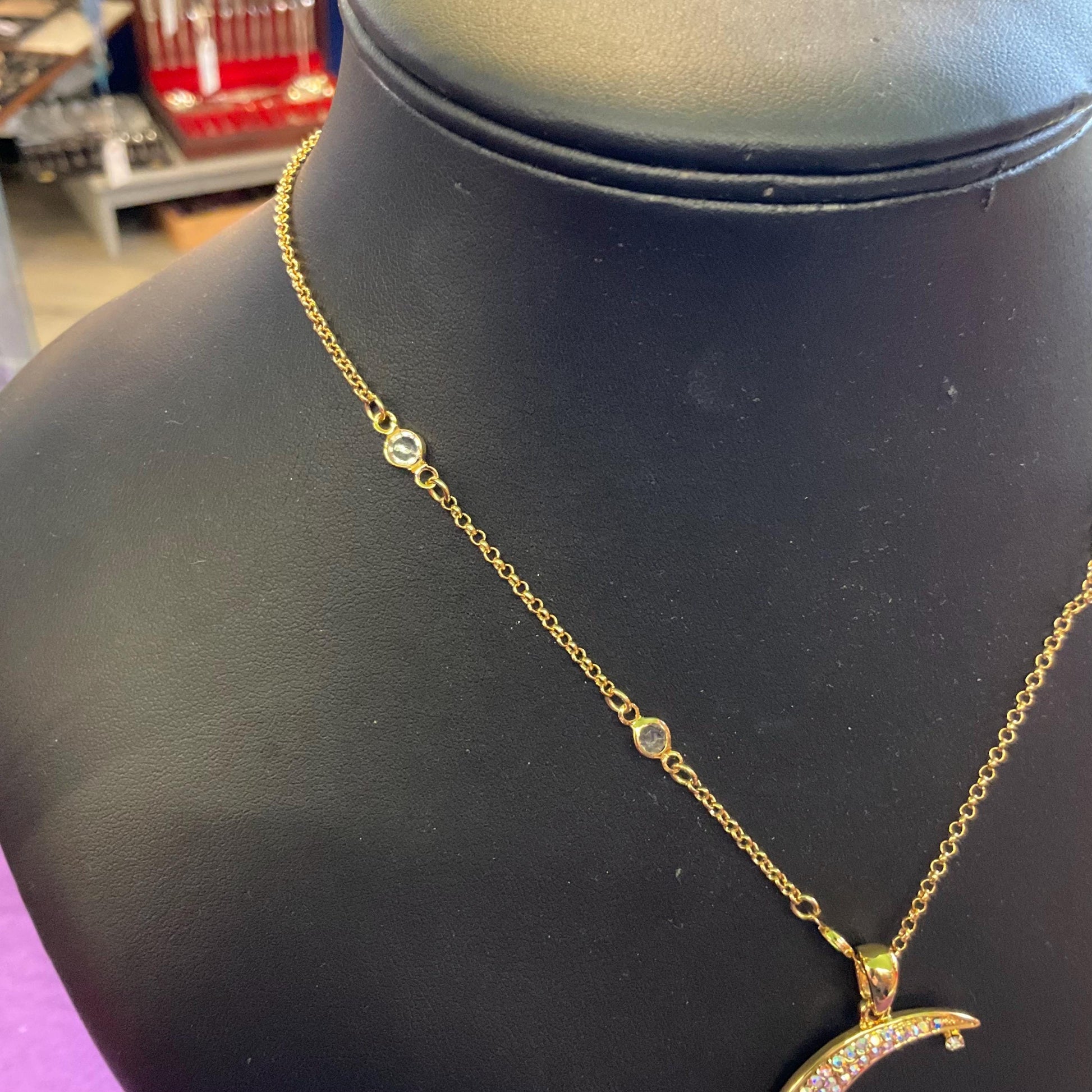 Vintage Butler And Wilson Crescent Moon And Stars Crystal Large Pendant, Gold Tone With Aurora Borealis Crystals, Red Enamel, Signed In OB