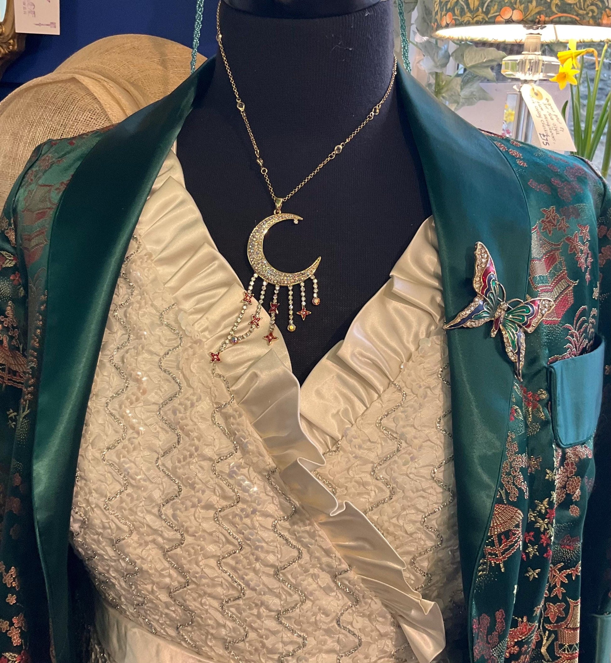 Vintage Butler And Wilson Crescent Moon And Stars Crystal Large Pendant, Gold Tone With Aurora Borealis Crystals, Red Enamel, Signed In OB
