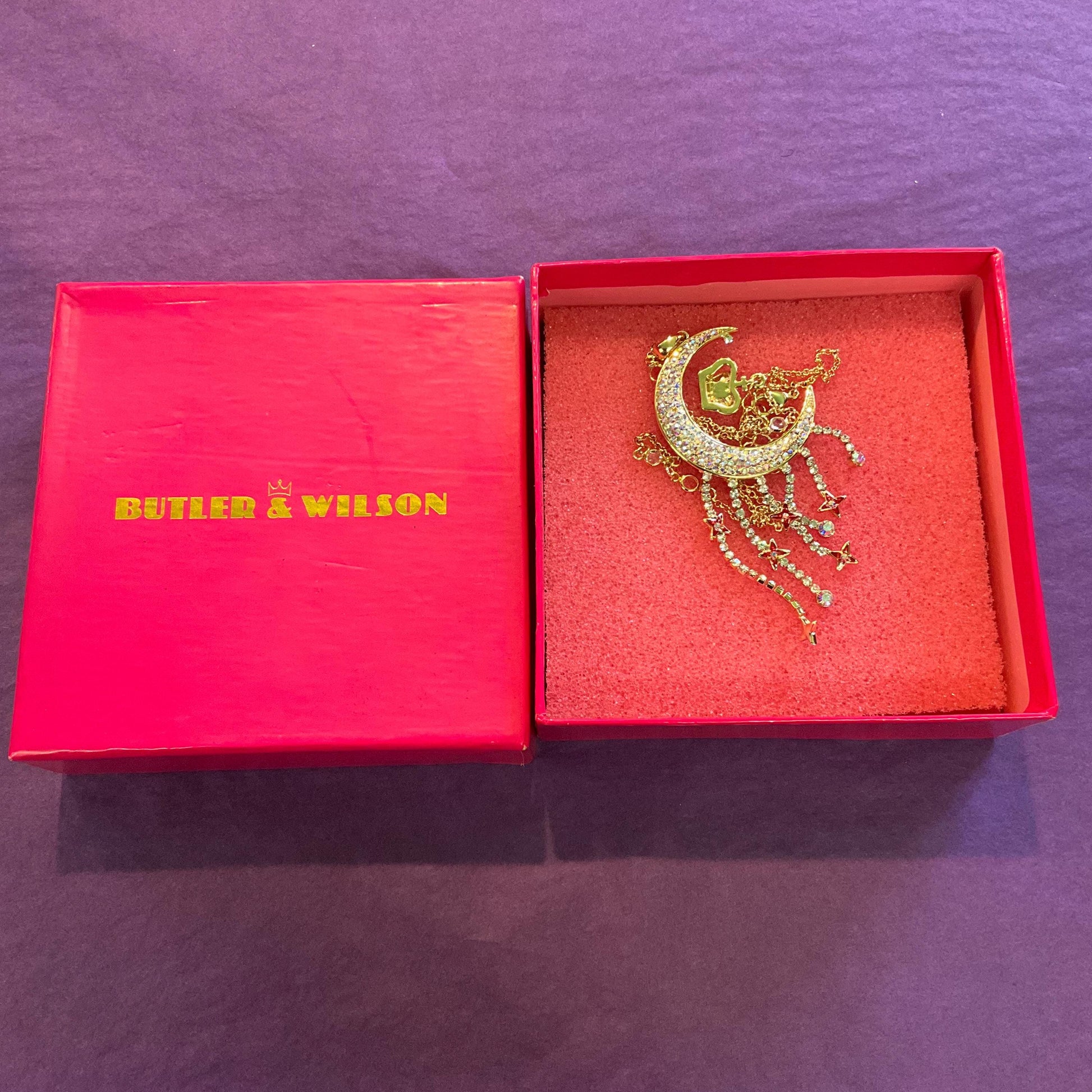 Vintage Butler And Wilson Crescent Moon And Stars Crystal Large Pendant, Gold Tone With Aurora Borealis Crystals, Red Enamel, Signed In OB