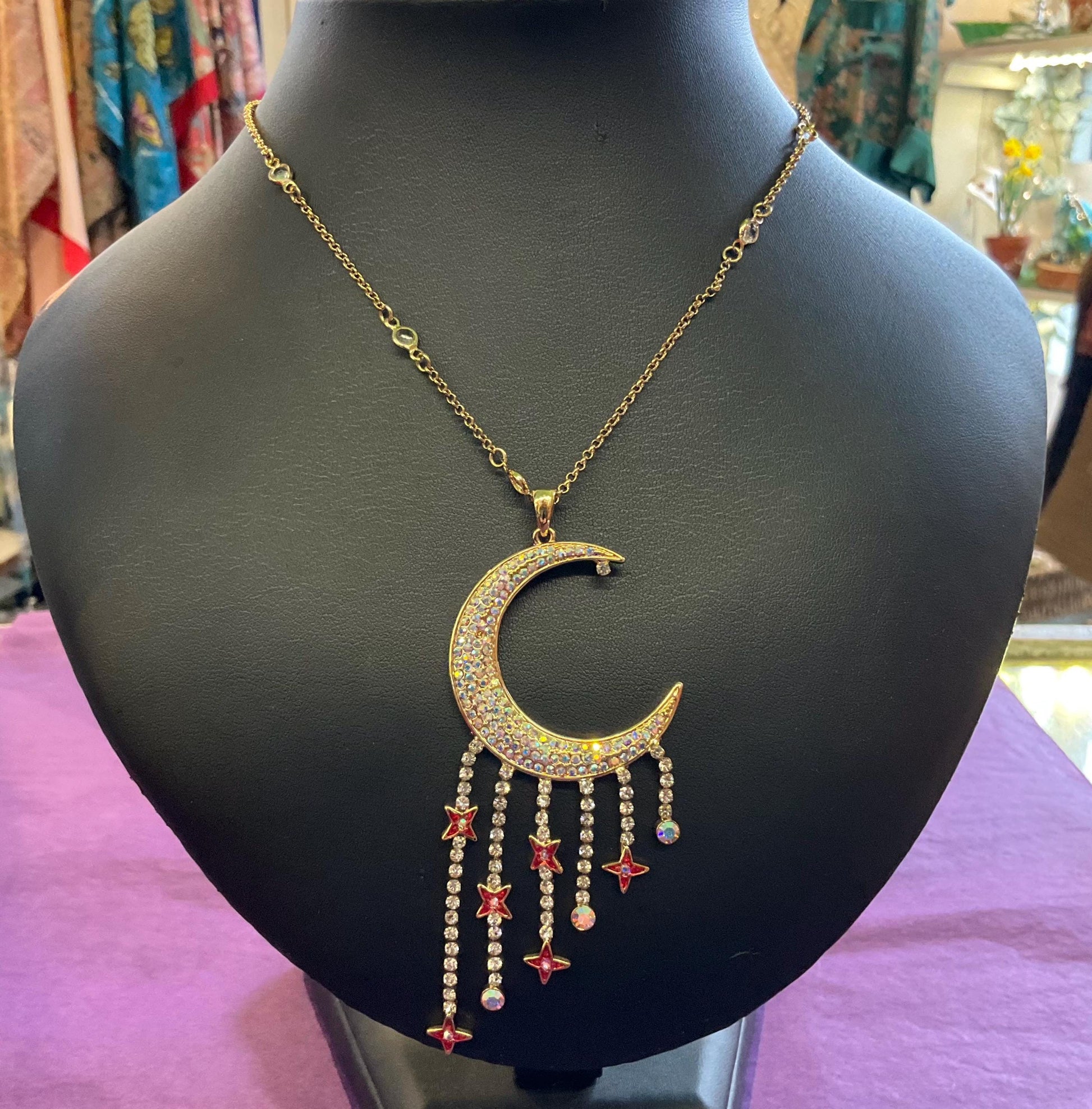Vintage Butler And Wilson Crescent Moon And Stars Crystal Large Pendant, Gold Tone With Aurora Borealis Crystals, Red Enamel, Signed In OB