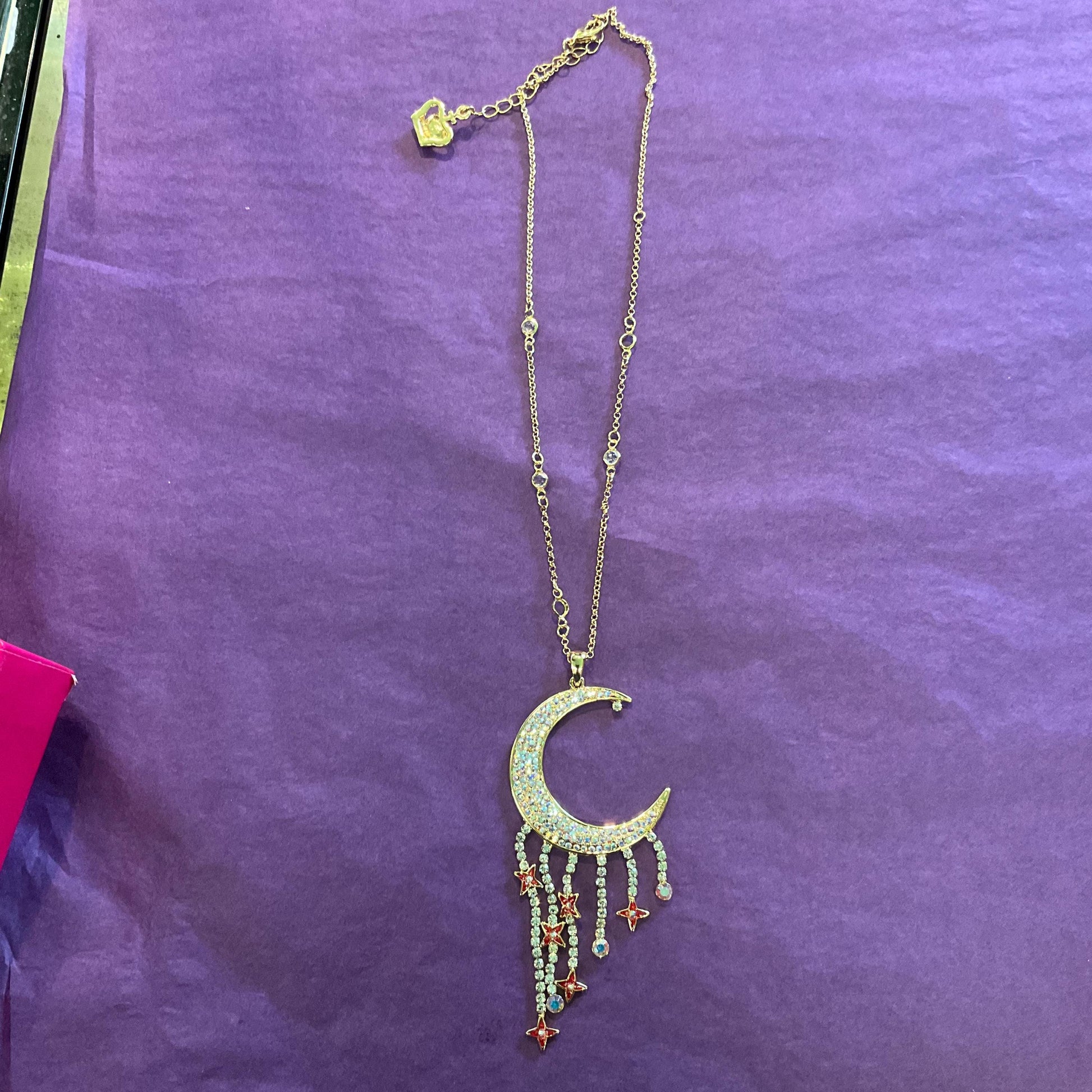 Vintage Butler And Wilson Crescent Moon And Stars Crystal Large Pendant, Gold Tone With Aurora Borealis Crystals, Red Enamel, Signed In OB
