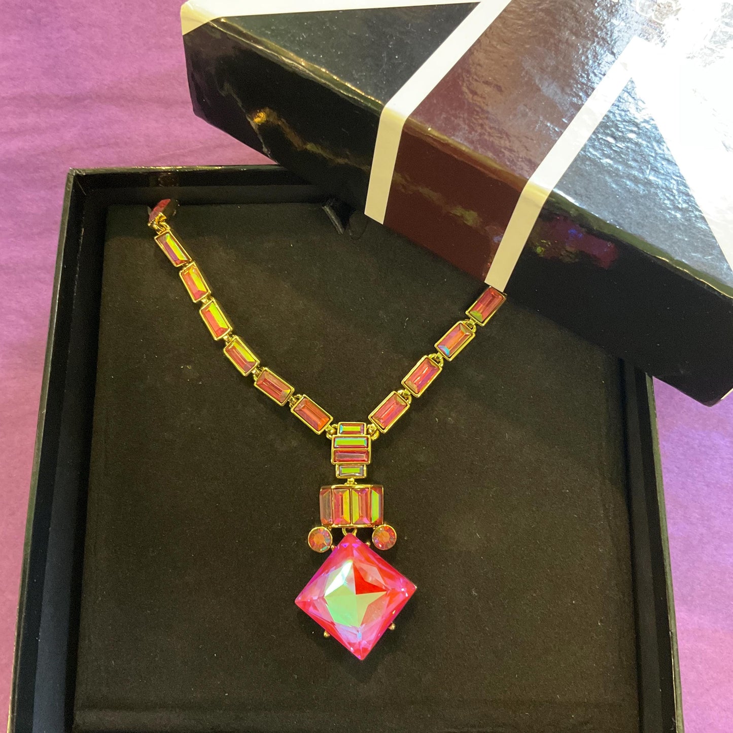 Vintage Butler and Wilson Art Deco Style Pink Borealis Crystal Statement Necklace, Rainbow Crystal, Unworn in original Box,Vintage Prom