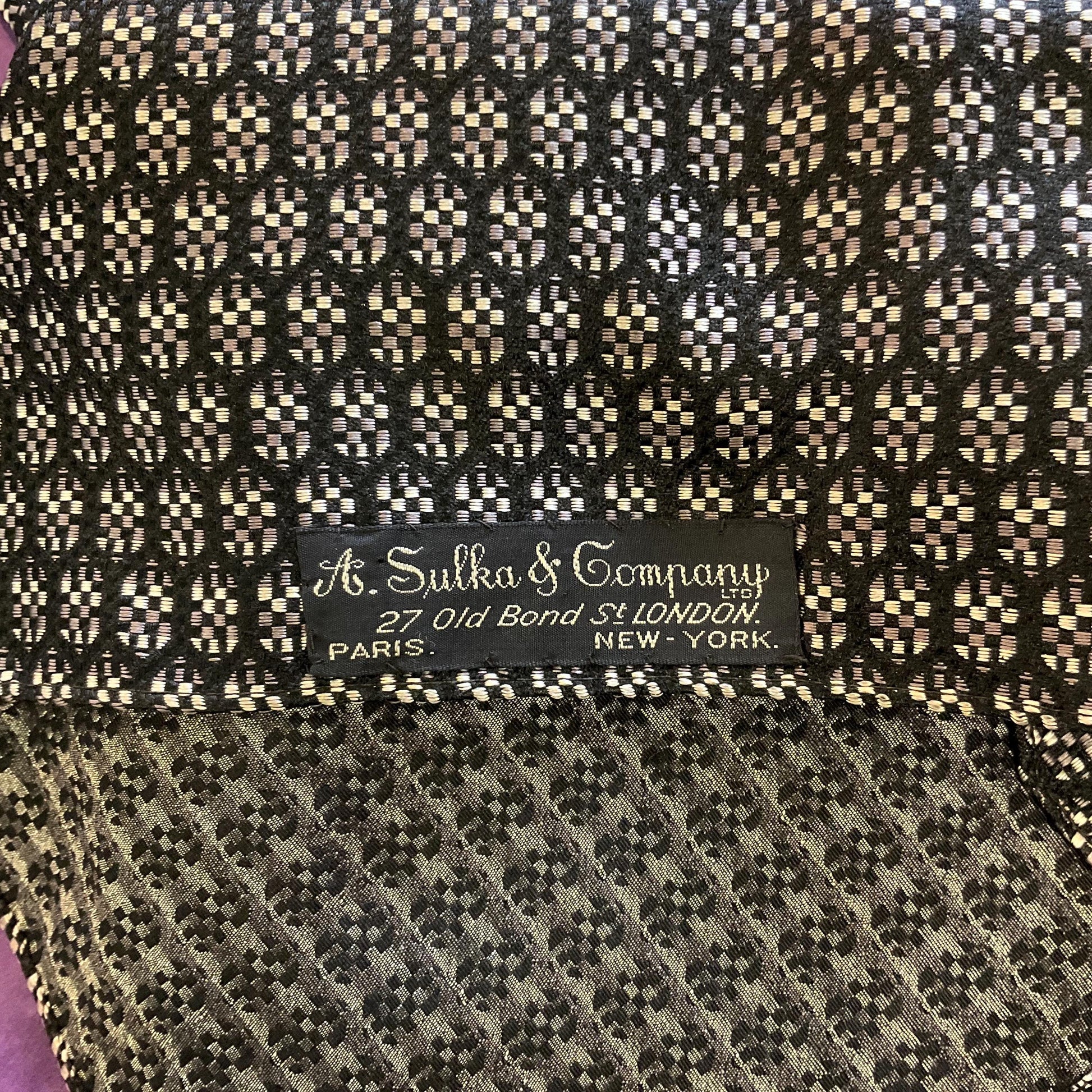 Vintage Pure Silk Cravat, Black and Silver Brocade , A Sulka & Company, New Bond Street, London, Vintage Man,
