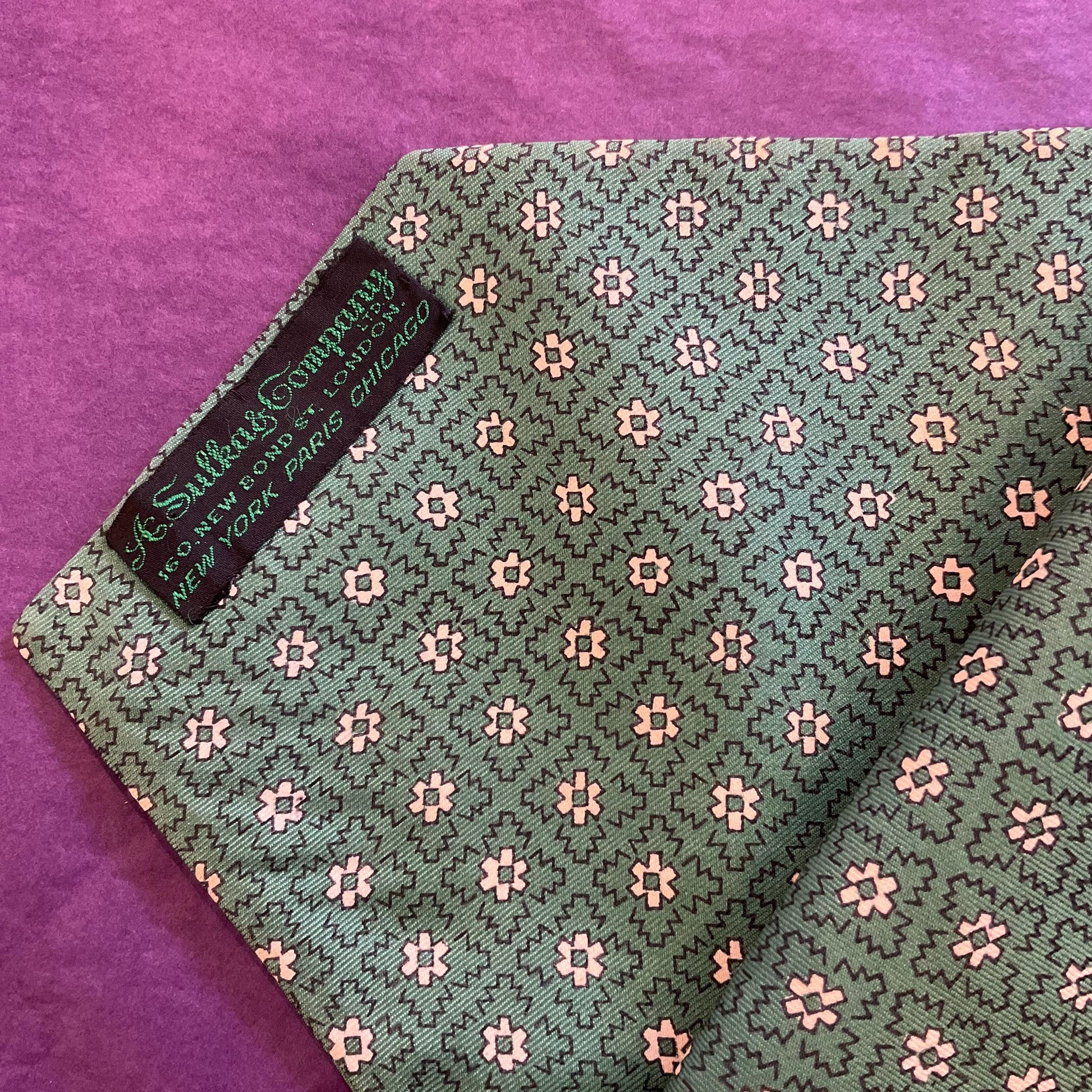 Vintage Gents Pure Silk Paisley Cravat, Green and Cream by A Sulka & Company, New Bond Street, London, Vintage Man