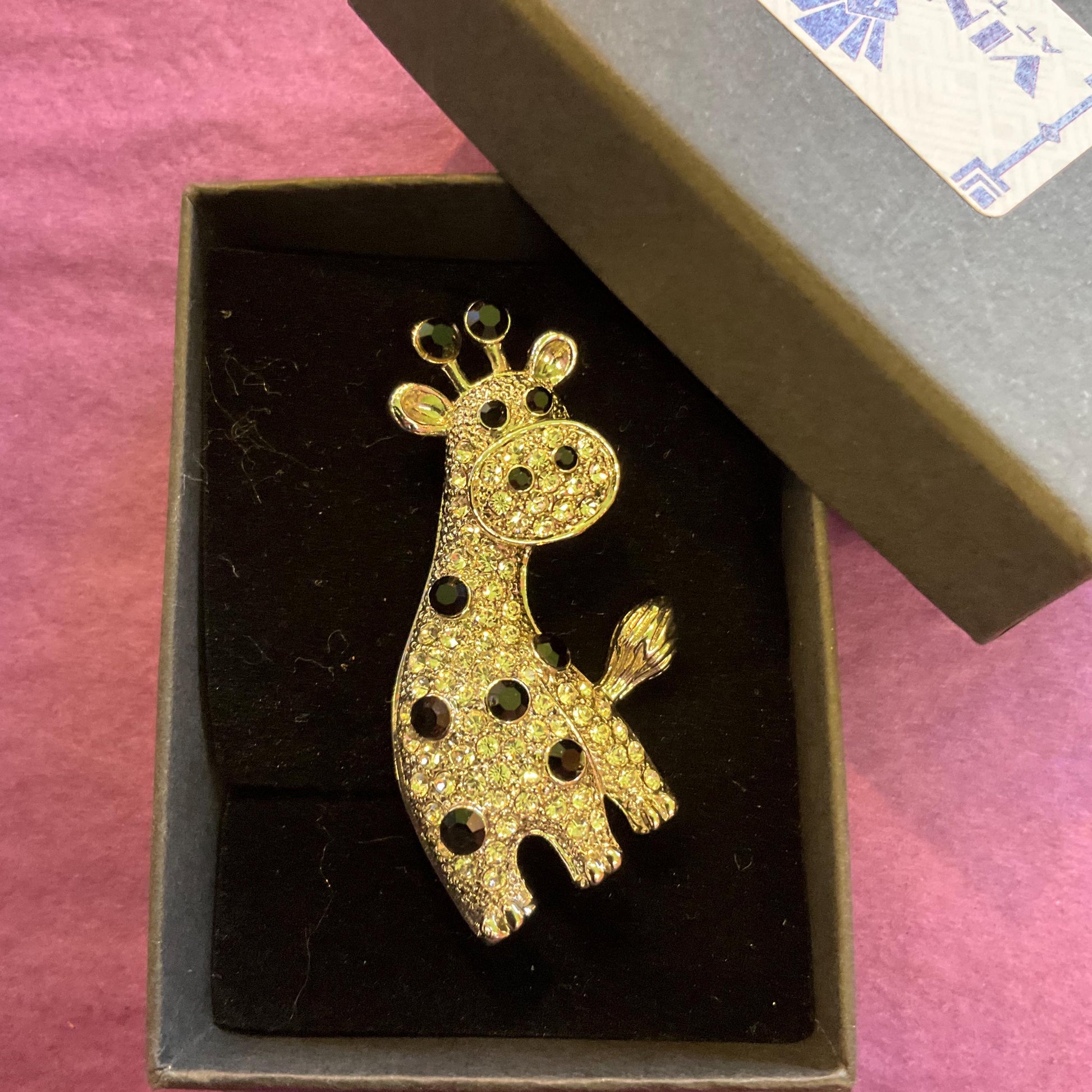 Vintage Butler and Wilson Crystal Girafe Brooch, Silver and Black Crystal, signed as new, Girafe lover gift.