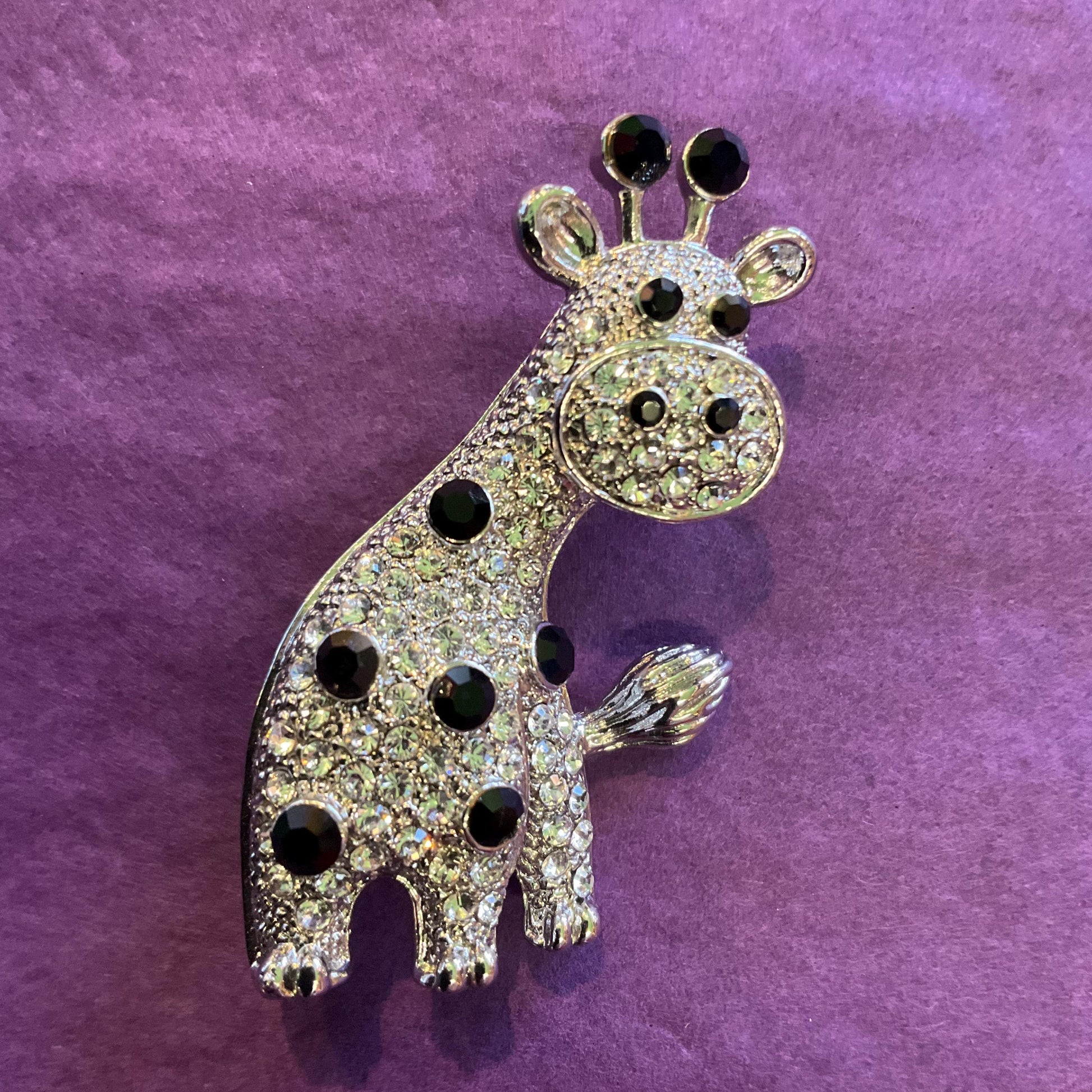 Vintage Butler and Wilson Crystal Girafe Brooch, Silver and Black Crystal, signed as new, Girafe lover gift.