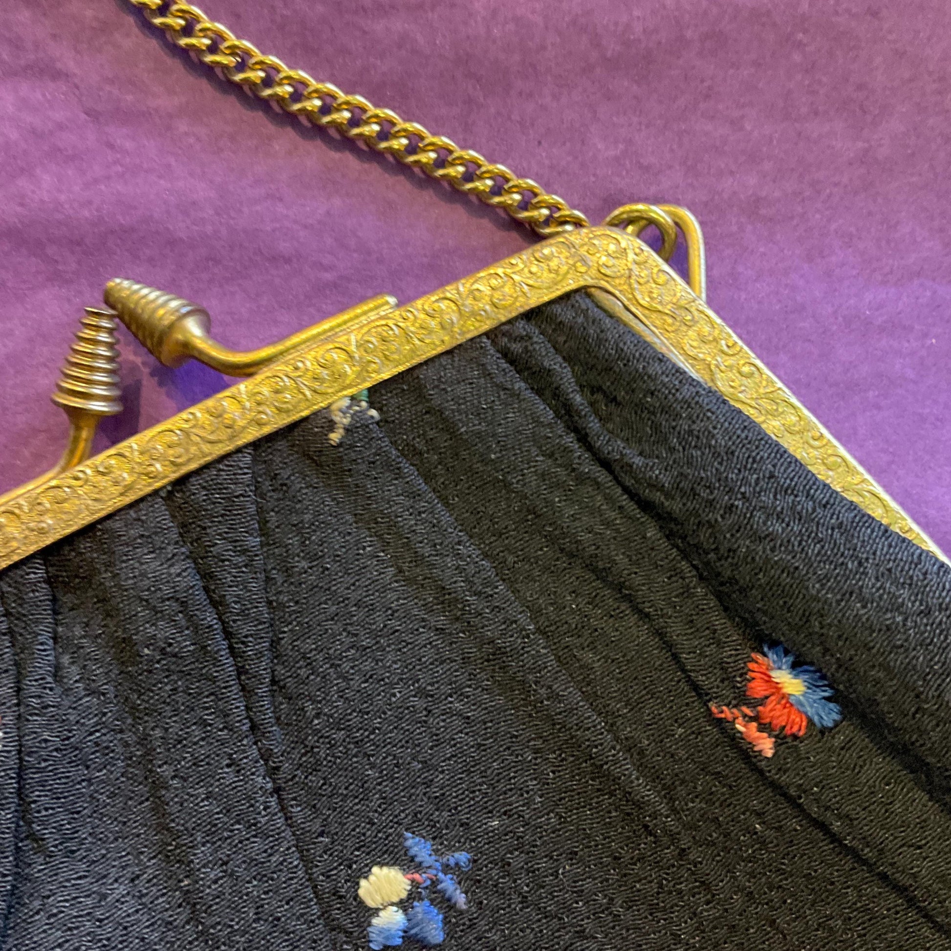 Antique Edwardian Black Silk Embroidered Floral Evening Bag, Crepe silk with gold tone ornate frame, vintage wedding, sustainable gift