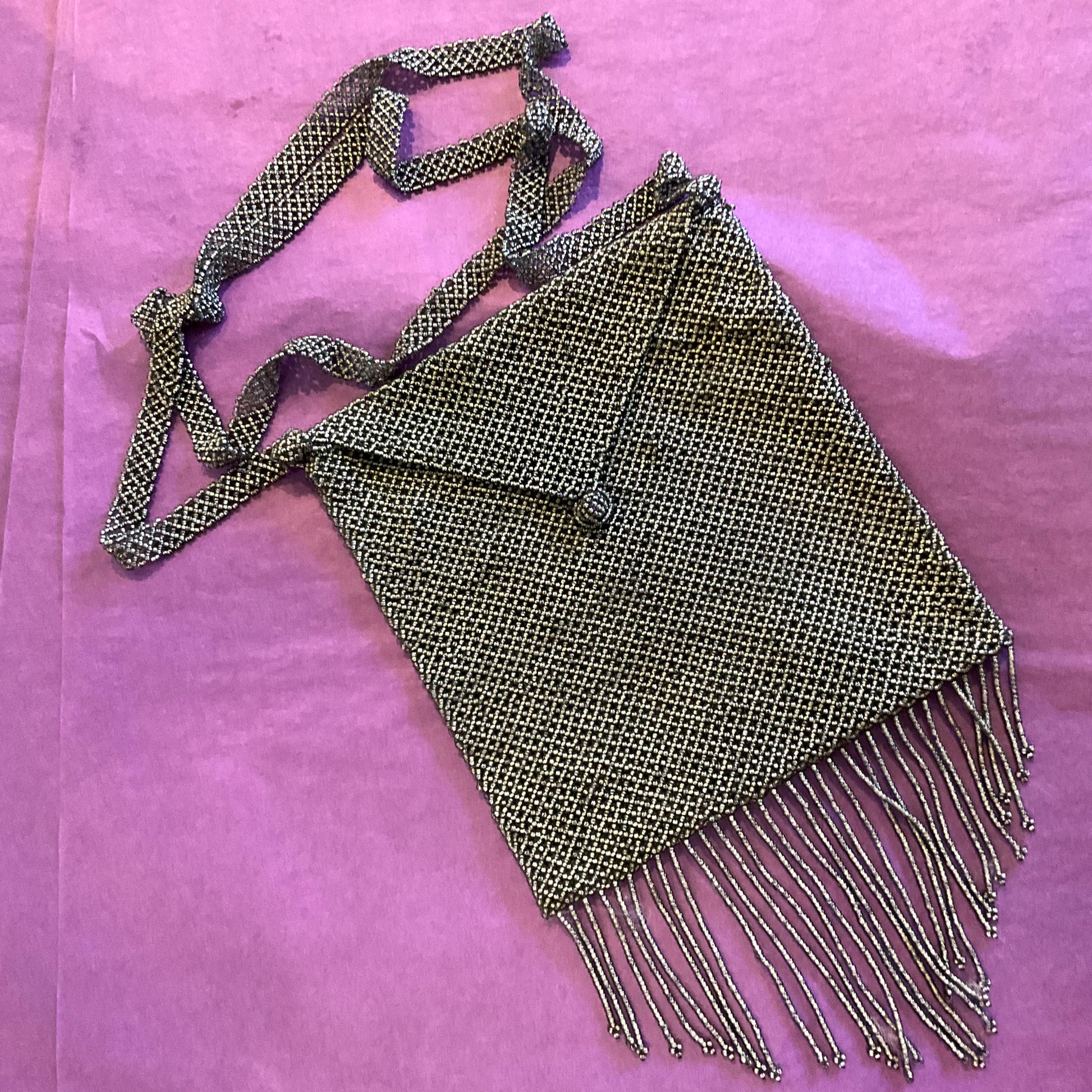 Antique Art Deco Micro Beaded Fringed Evening Bag, pewter tone glass beads, Shoulder strap, Formal Event