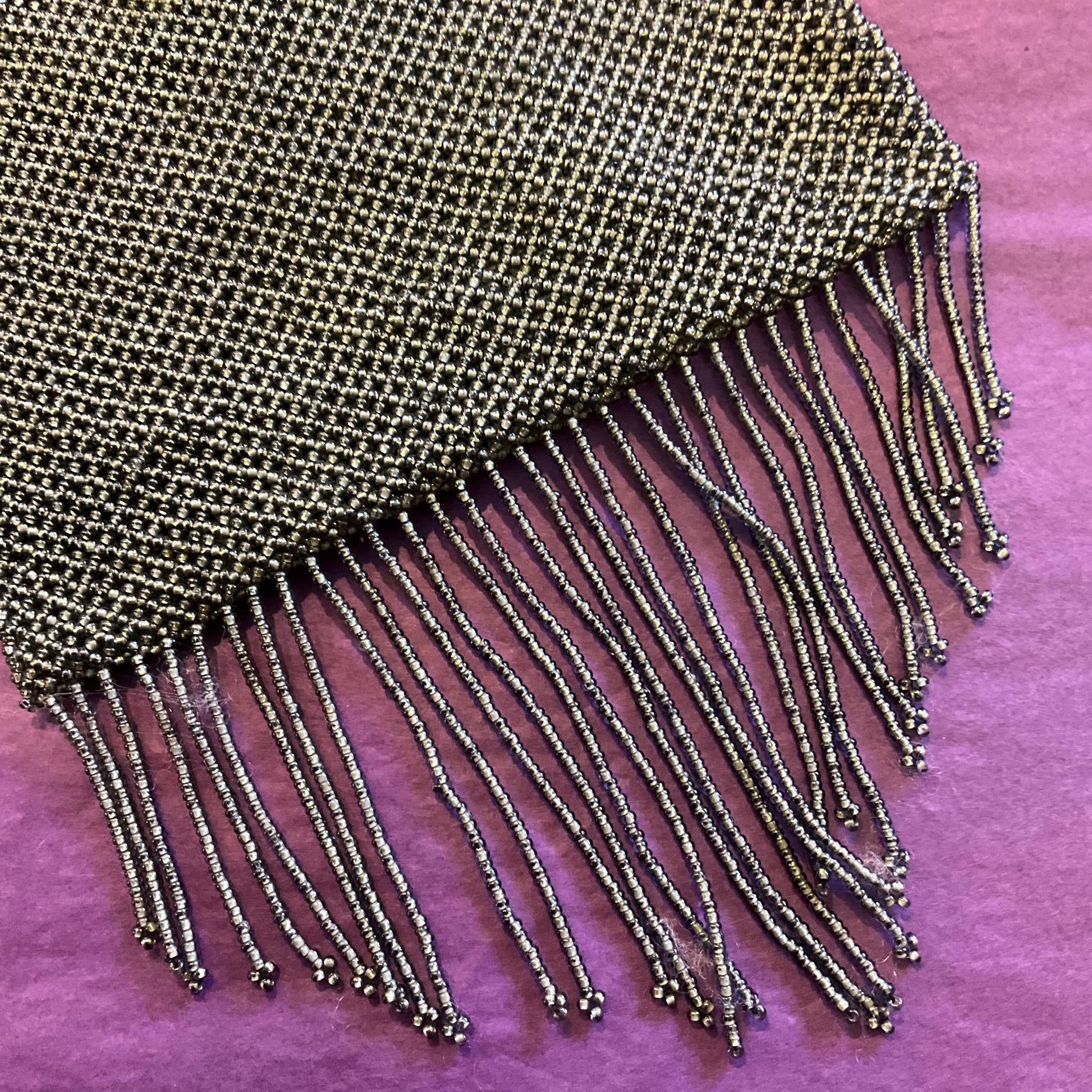 Antique Art Deco Micro Beaded Fringed Evening Bag, pewter tone glass beads, Shoulder strap, Formal Event