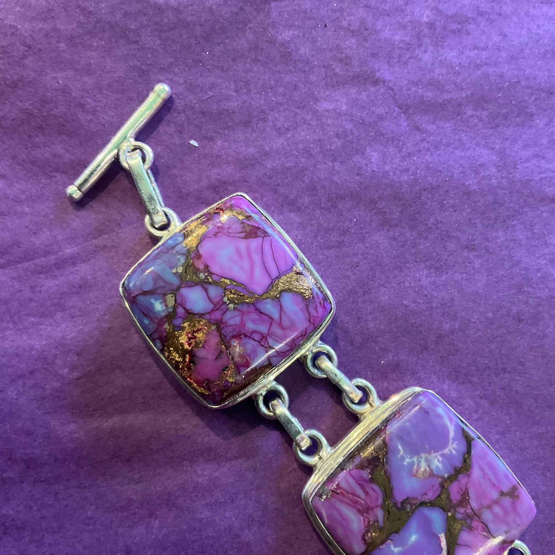 Vintage Purple Mojave Copper Turquoise and Silver Statement Bracelet,Purple and Gold Gemstones , Artisan Jeweller Made