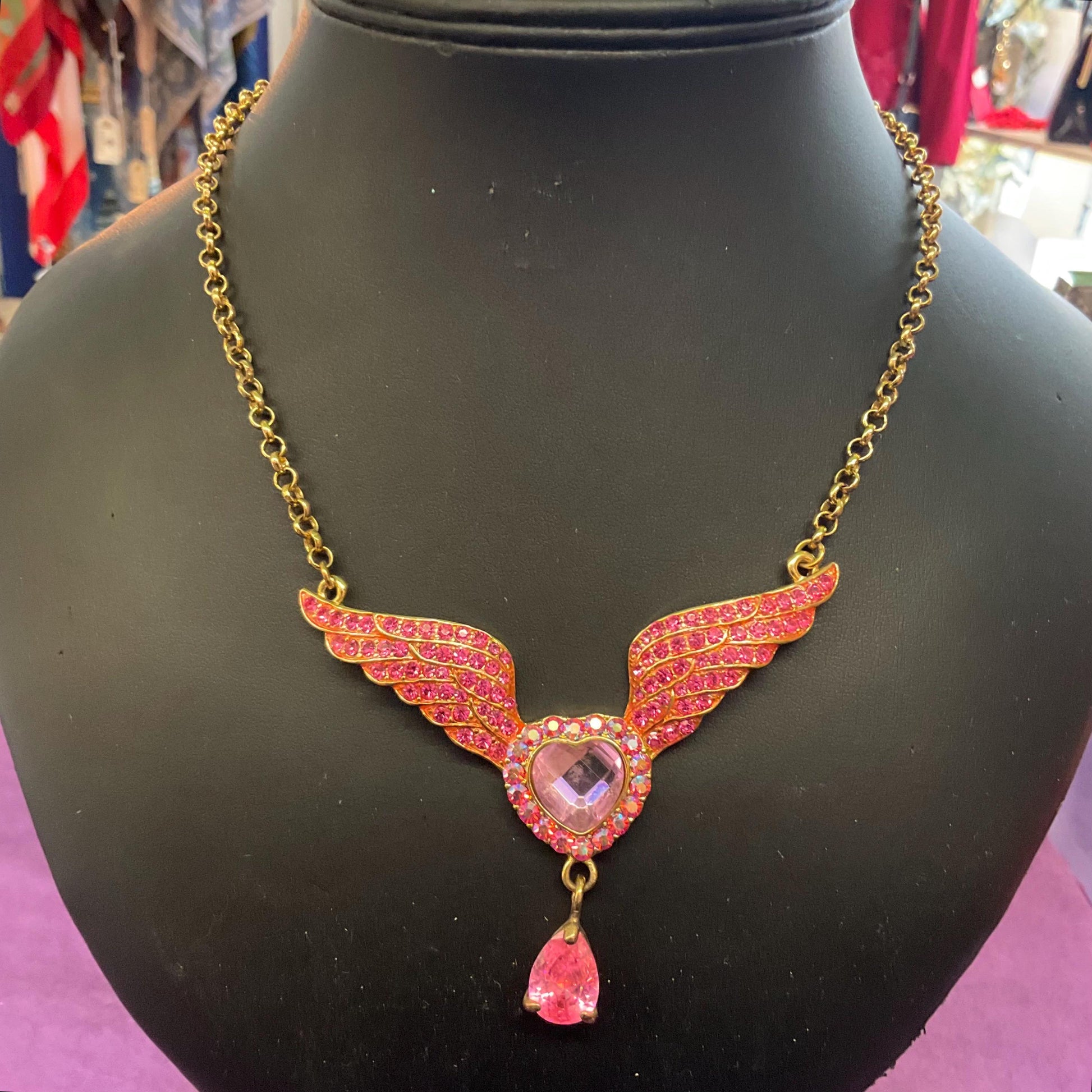 Vintage Butler and Wilson Pink Crystal Angel Wing with Heart Statement necklace, Gold Tone with pink Borealis crystals, prom, wedding