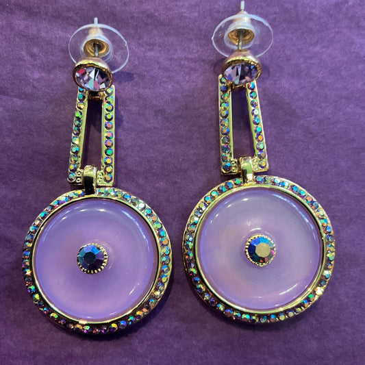 Vintage Butler and Wilson Art Deco Style Long Drop Earrings , Gold tone with Purple donut and Borealis crystals, signed in original box