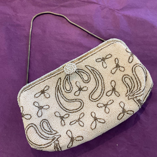 Vintage 1950s Harrods Art Deco Style French Beaded Evening Bag, Ivory and gunmetal Floral Beading, Exquisite