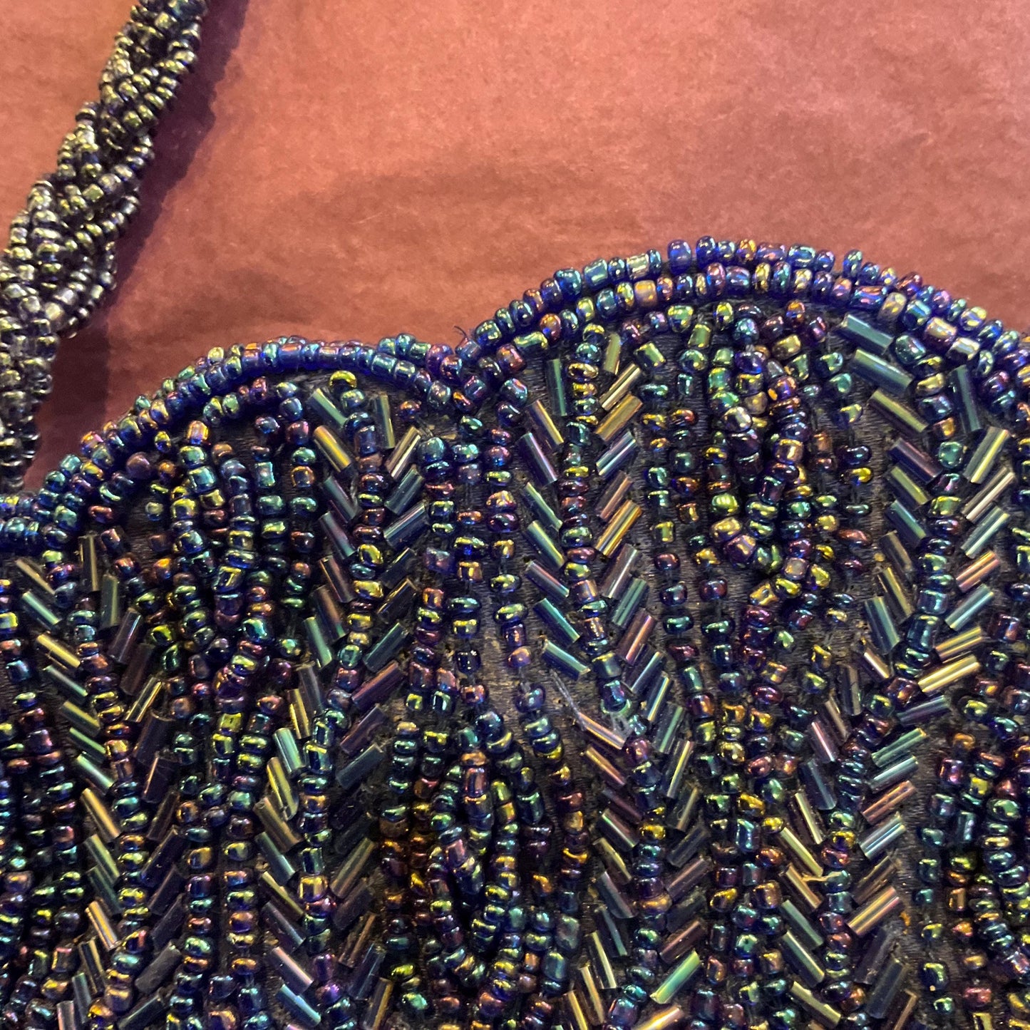 Vintage 1970s/80s Electric Blue Borealis Shell Shaped Beaded Evening Bag, Peacock Borealis lustre Beads, Wedding, festival