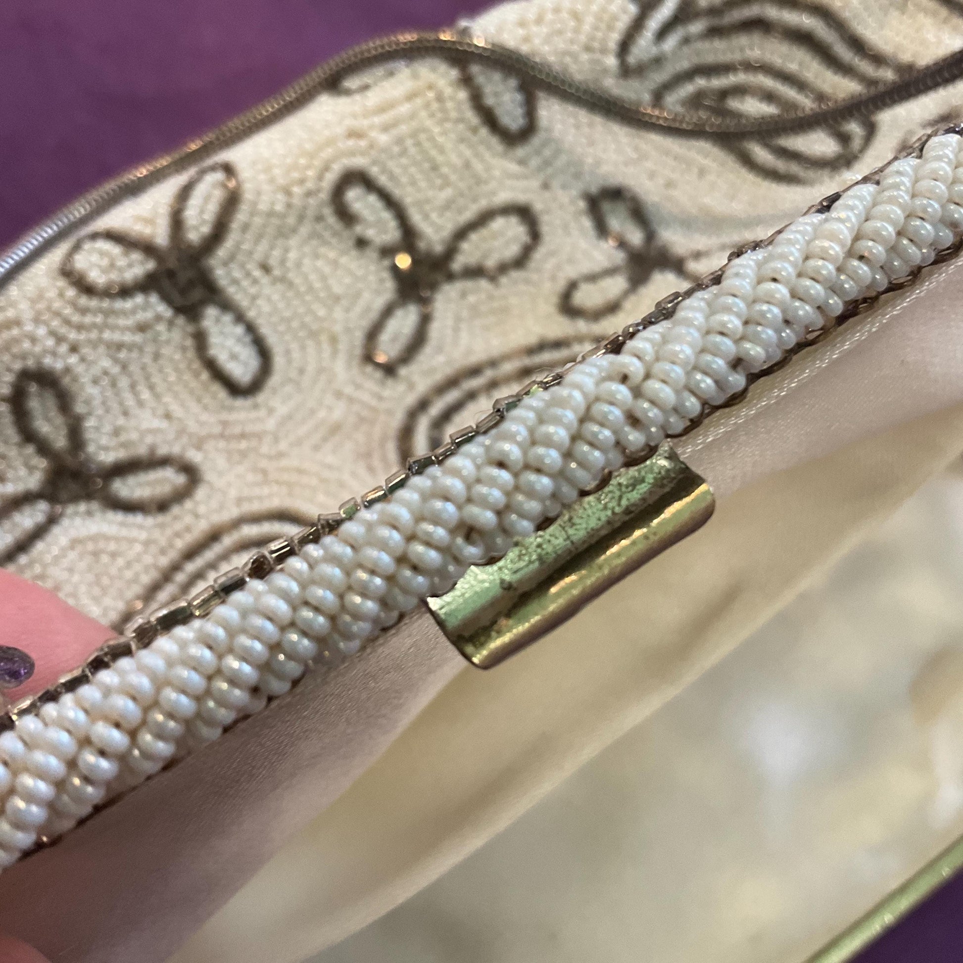 Vintage 1950s Harrods Art Deco Style French Beaded Evening Bag, Ivory and gunmetal Floral Beading, Exquisite