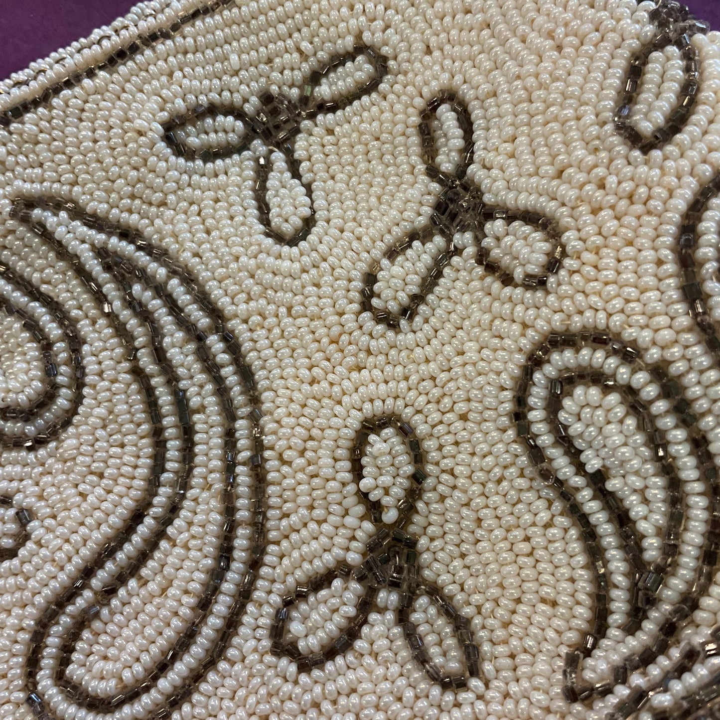 Vintage 1950s Harrods Art Deco Style French Beaded Evening Bag, Ivory and gunmetal Floral Beading, Exquisite