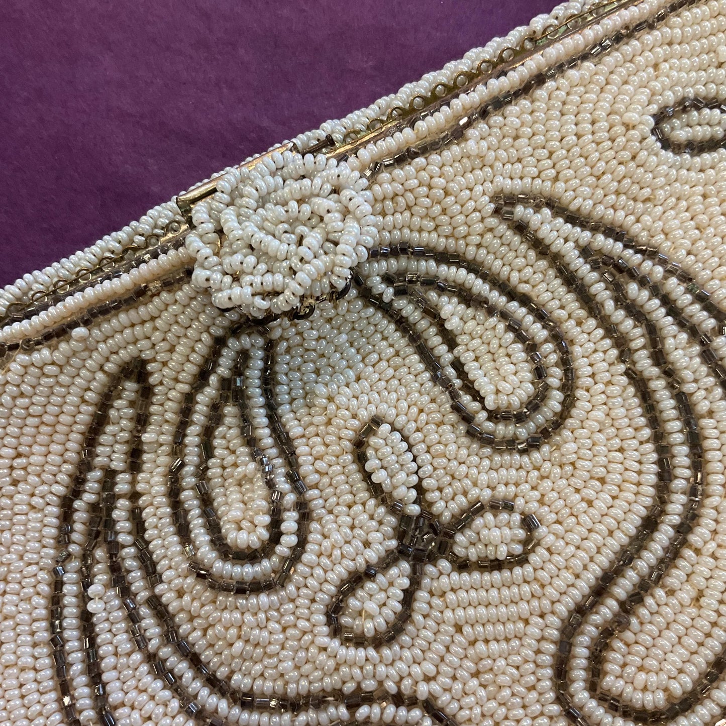 Vintage 1950s Harrods Art Deco Style French Beaded Evening Bag, Ivory and gunmetal Floral Beading, Exquisite