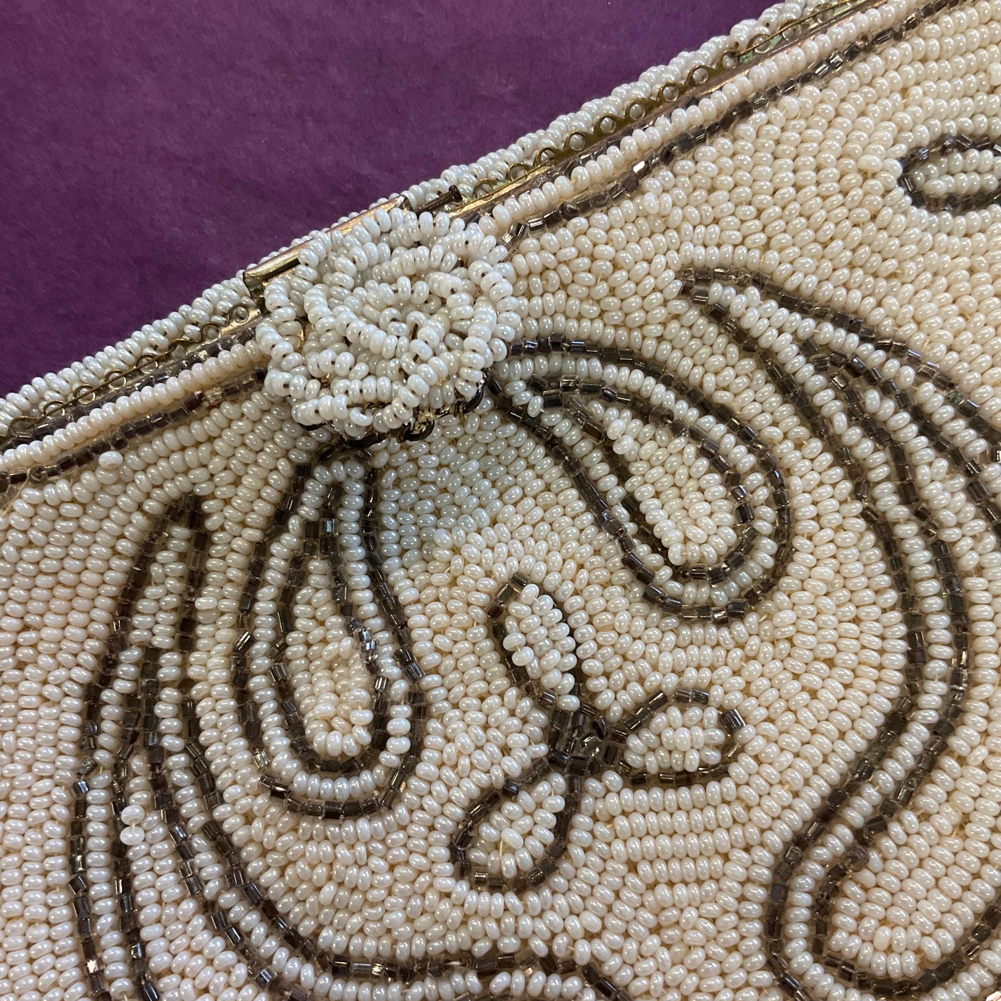 Vintage 1950s Harrods Art Deco Style French Beaded Evening Bag, Ivory and gunmetal Floral Beading, Exquisite