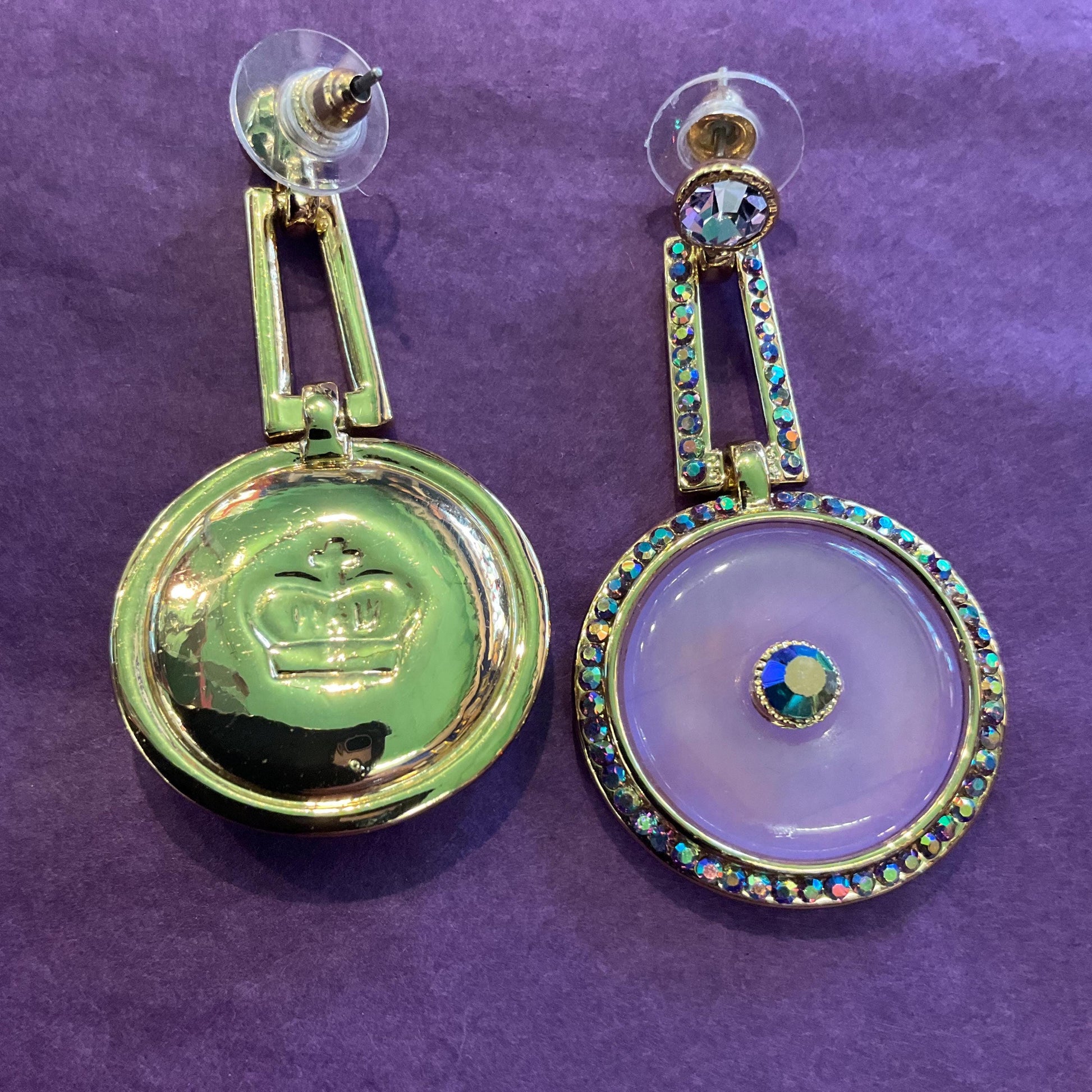 Vintage Butler and Wilson Art Deco Style Long Drop Earrings , Gold tone with Purple donut and Borealis crystals, signed in original box