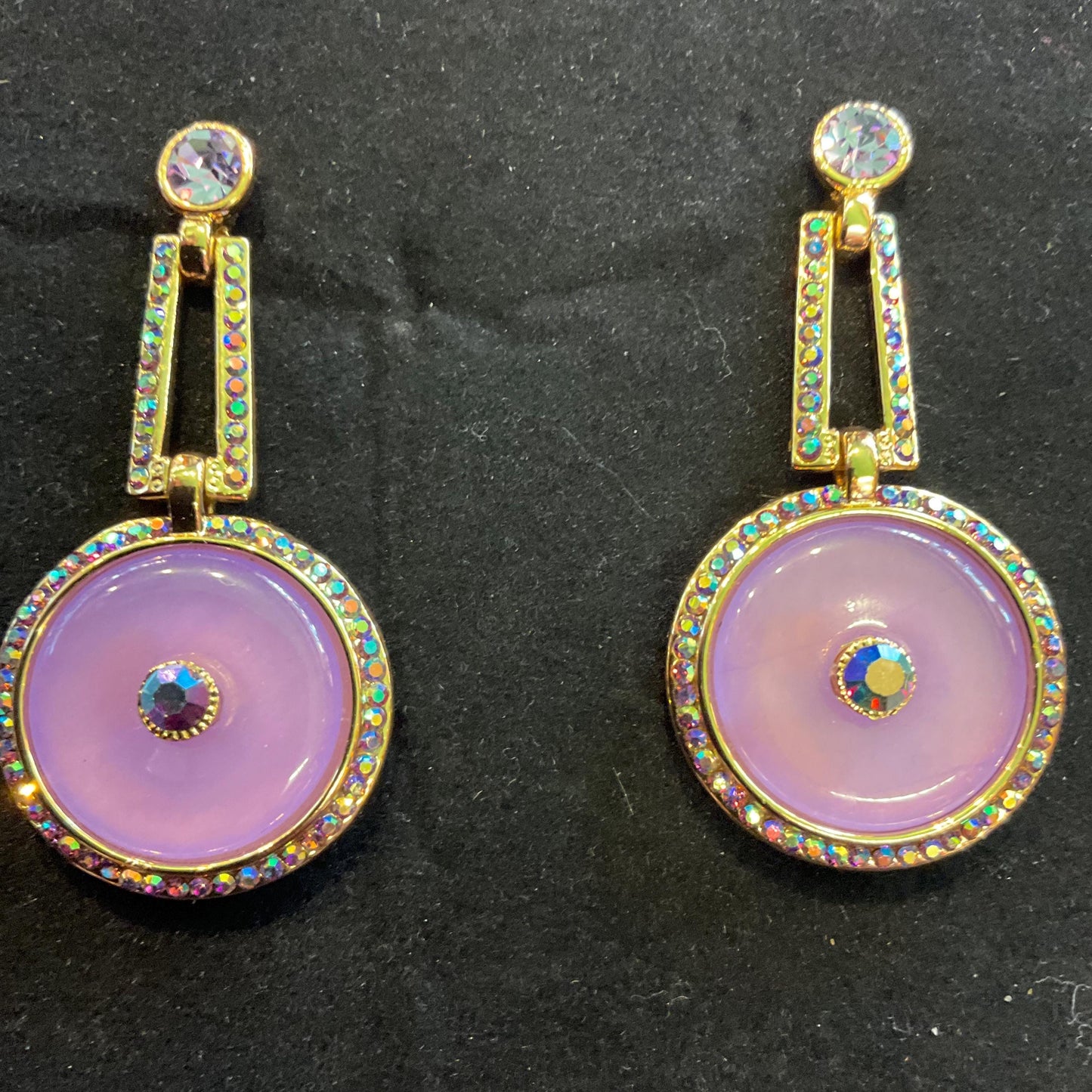 Vintage Butler and Wilson Art Deco Style Long Drop Earrings , Gold tone with Purple donut and Borealis crystals, signed in original box