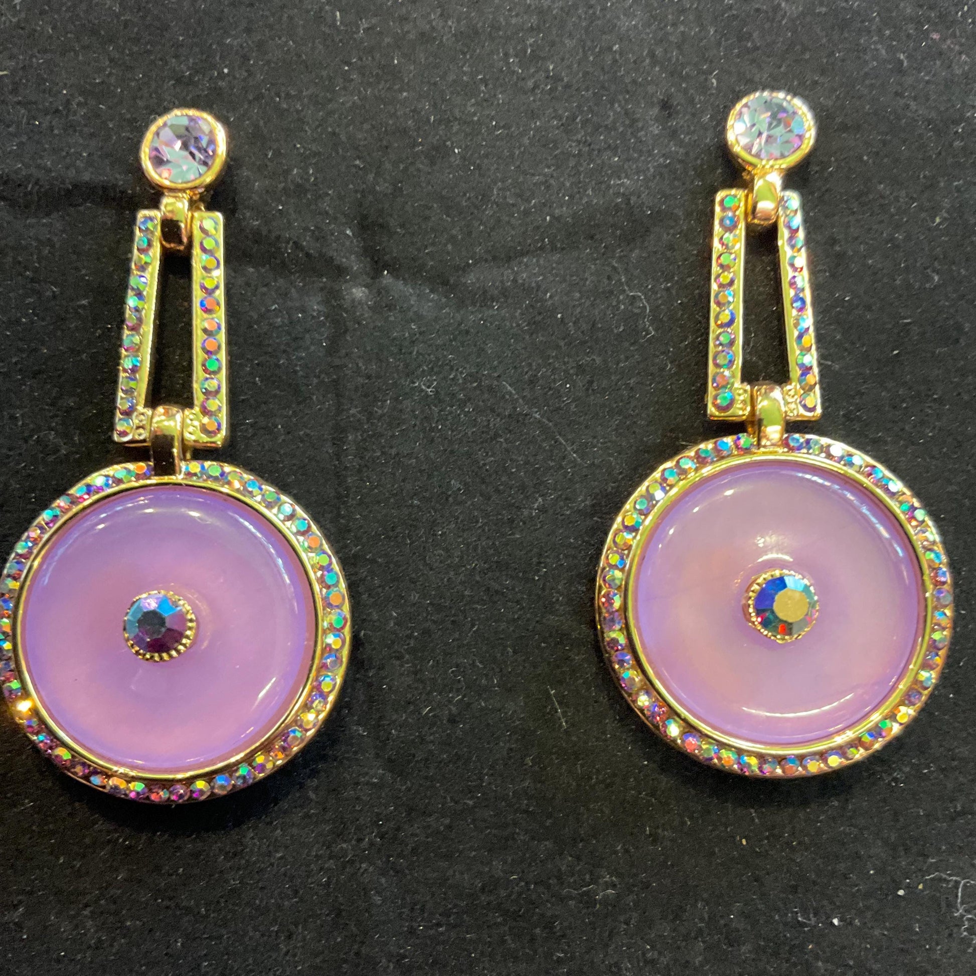Vintage Butler and Wilson Art Deco Style Long Drop Earrings , Gold tone with Purple donut and Borealis crystals, signed in original box