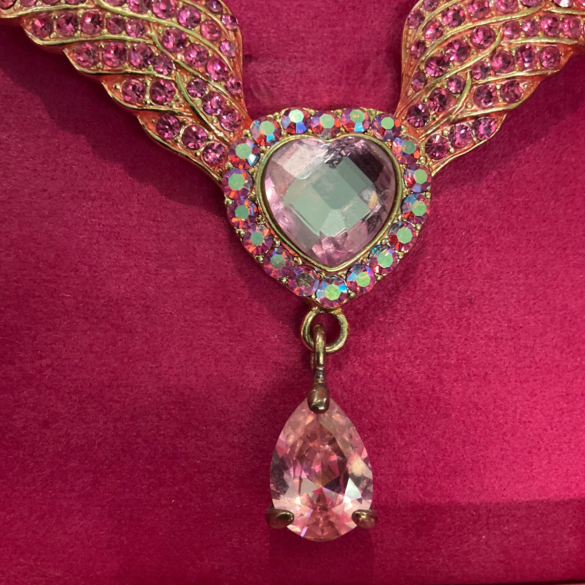 Vintage Butler and Wilson Pink Crystal Angel Wing with Heart Statement necklace, Gold Tone with pink Borealis crystals, prom, wedding