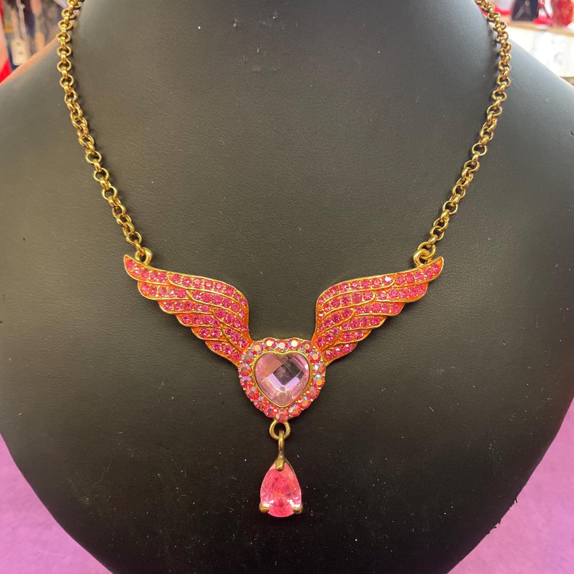 Vintage Butler and Wilson Pink Crystal Angel Wing with Heart Statement necklace, Gold Tone with pink Borealis crystals, prom, wedding