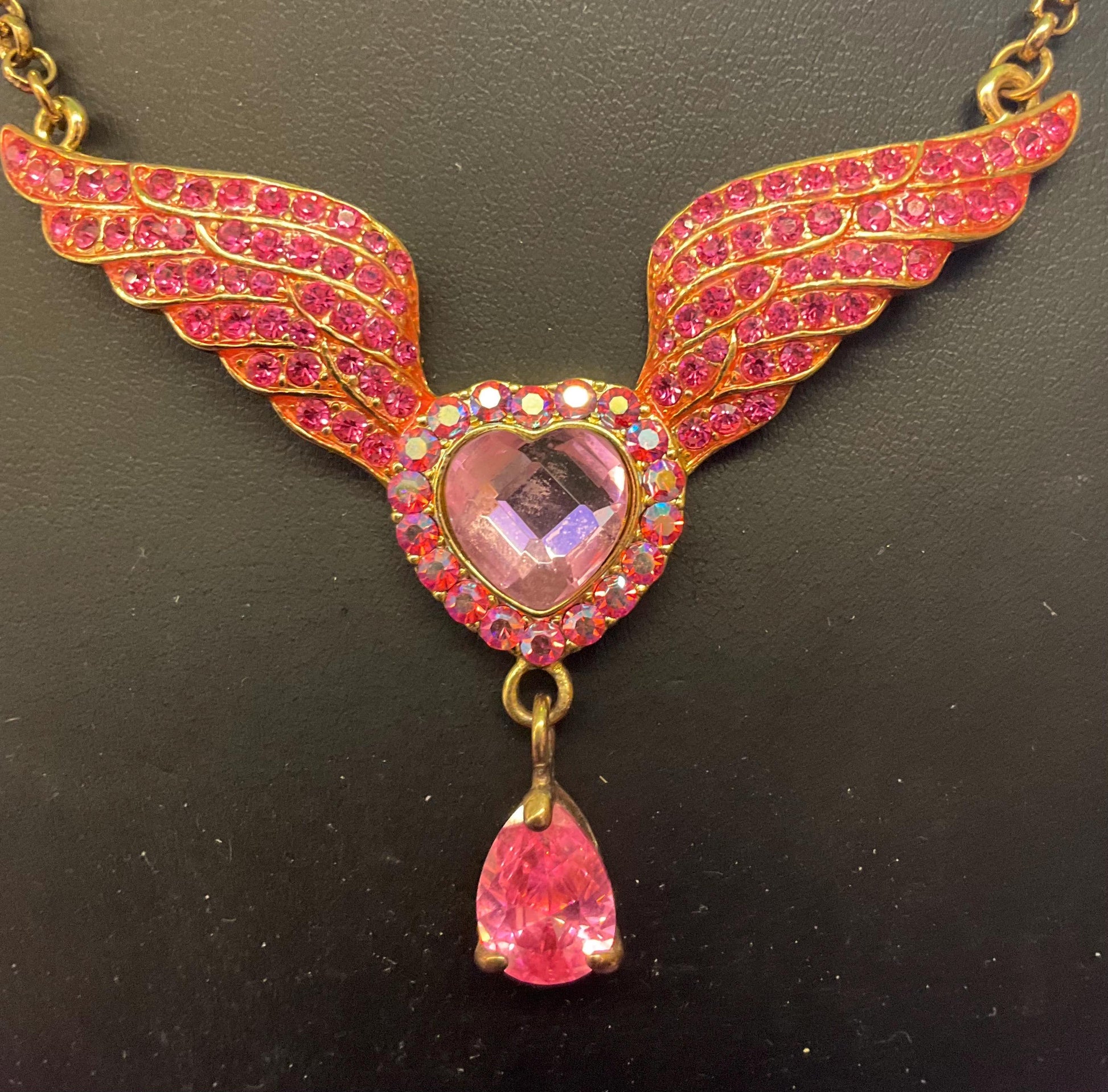 Vintage Butler and Wilson Pink Crystal Angel Wing with Heart Statement necklace, Gold Tone with pink Borealis crystals, prom, wedding
