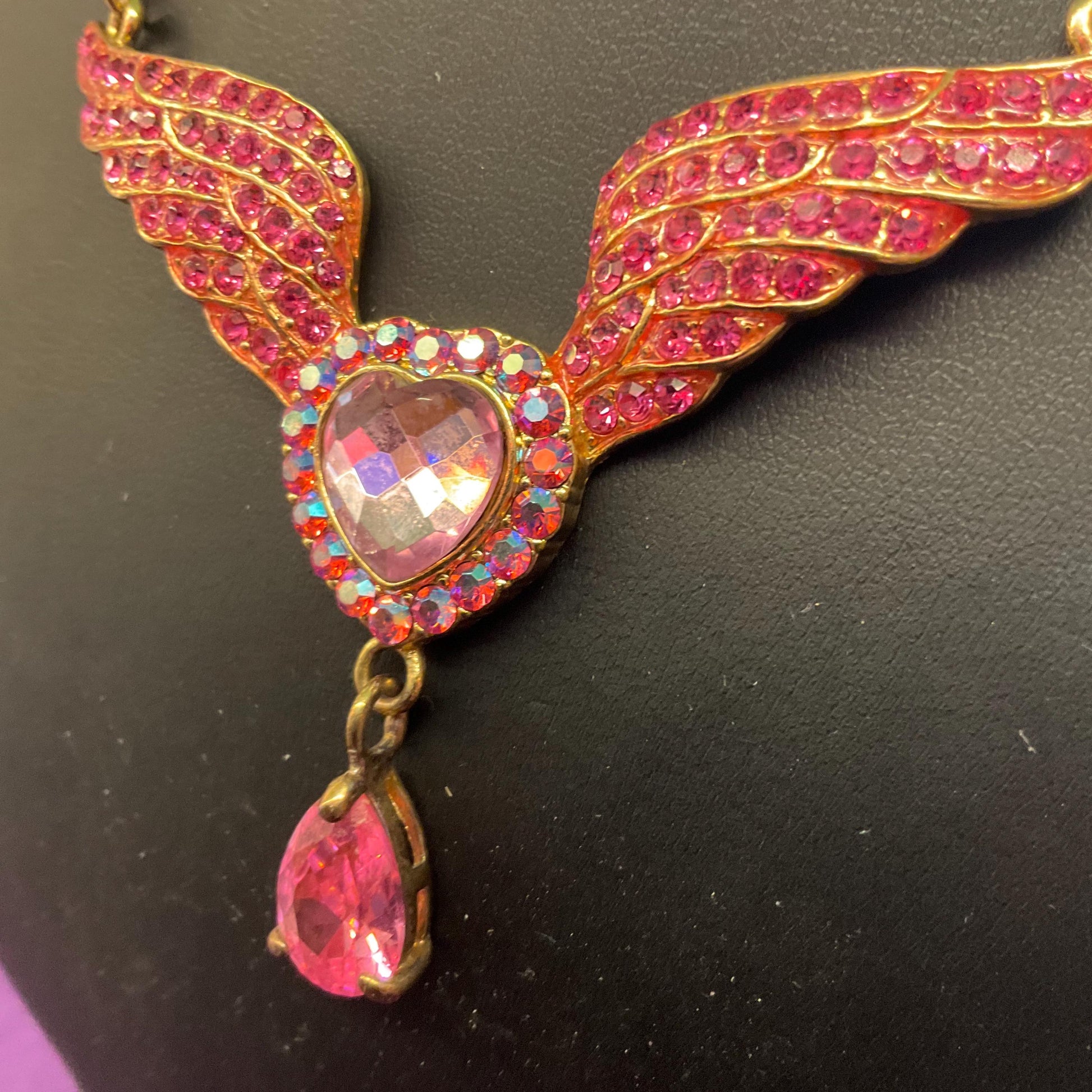 Vintage Butler and Wilson Pink Crystal Angel Wing with Heart Statement necklace, Gold Tone with pink Borealis crystals, prom, wedding