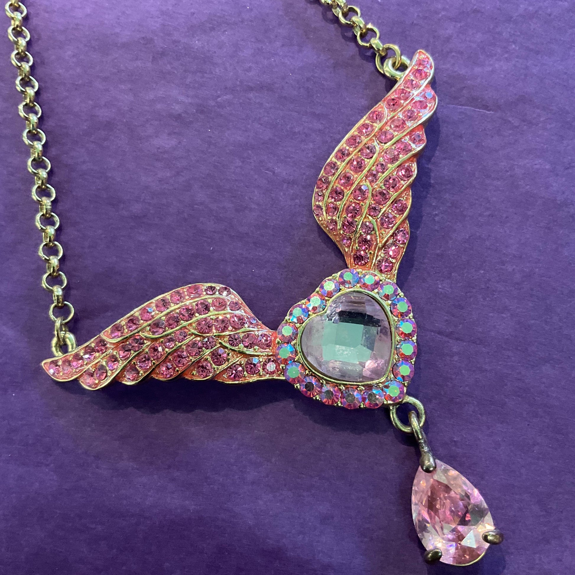 Vintage Butler and Wilson Pink Crystal Angel Wing with Heart Statement necklace, Gold Tone with pink Borealis crystals, prom, wedding
