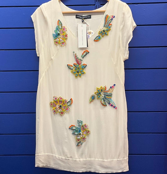 Vintage French Connection New with Tags Pure Silk Beaded shift Dress and Matching Clutch Bag, Ivory with Rainbow Floral Beads, Size 8/10