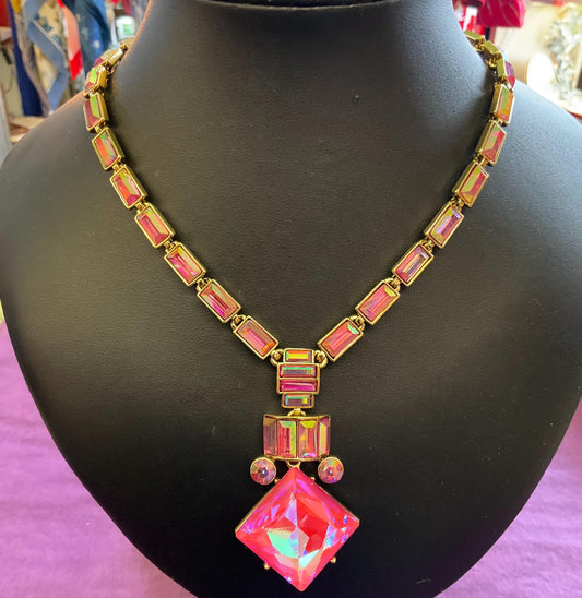 Vintage Butler and Wilson Art Deco Style Pink Borealis Crystal Statement Necklace, Rainbow Crystal, Unworn in original Box,Vintage Prom